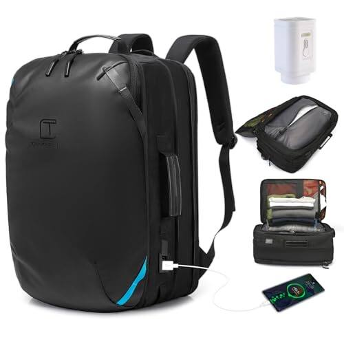 Live At Space - Travel Carry on Backpack 50L Expandable Flight Approved Backpacks 17 3 inch Laptop and USB Charging Port bags Water - Black-45l(5days Travel With Pump)-Vacuum