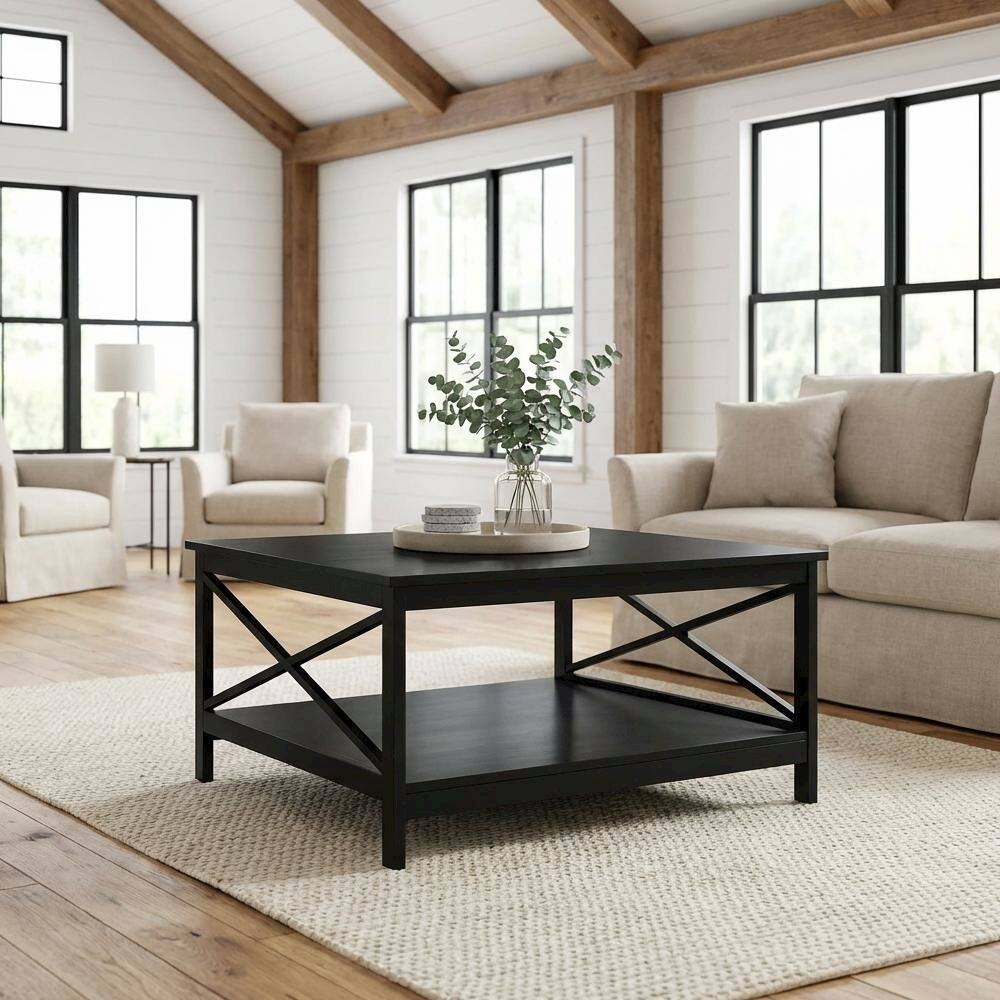 Left. FurniFact - Black MDF Coffee Table Square Top Sturdy Base Durable Design - Black.
