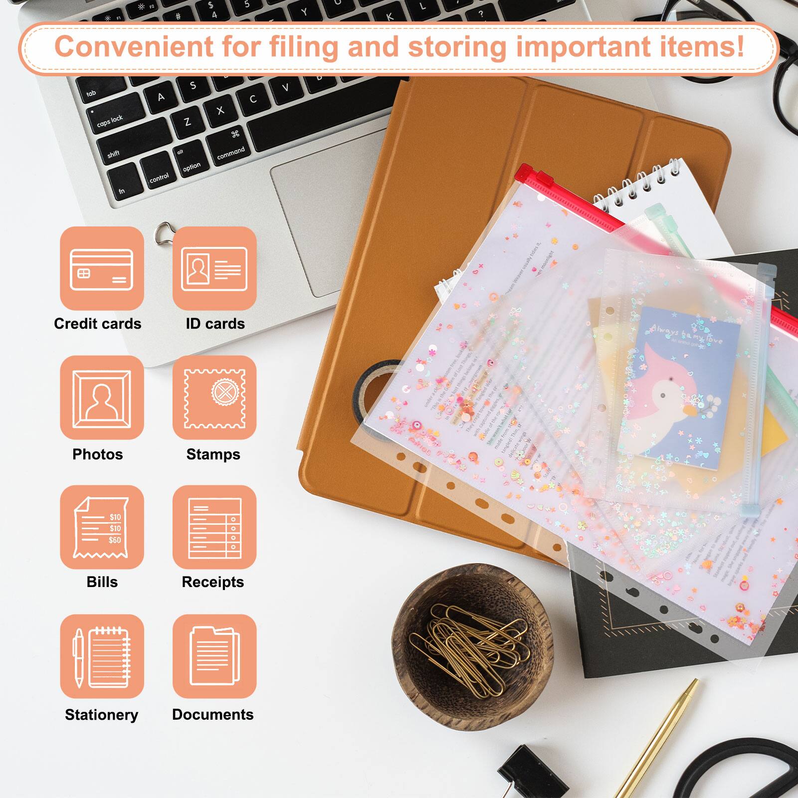 Convenient for filing and storing important items!

- Credit cards
- ID cards
- Photos
- Stamps
- Bills
- Receipts
- Stationery
- Documents