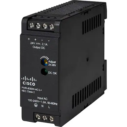 24V, 2.1A Output DC
Adjust 24-28V DC OK
CISCO PWR-IE50W-AC-L=
NEC Class 2
Input AC 100-240V, 1.2A, 50-60Hz
N L