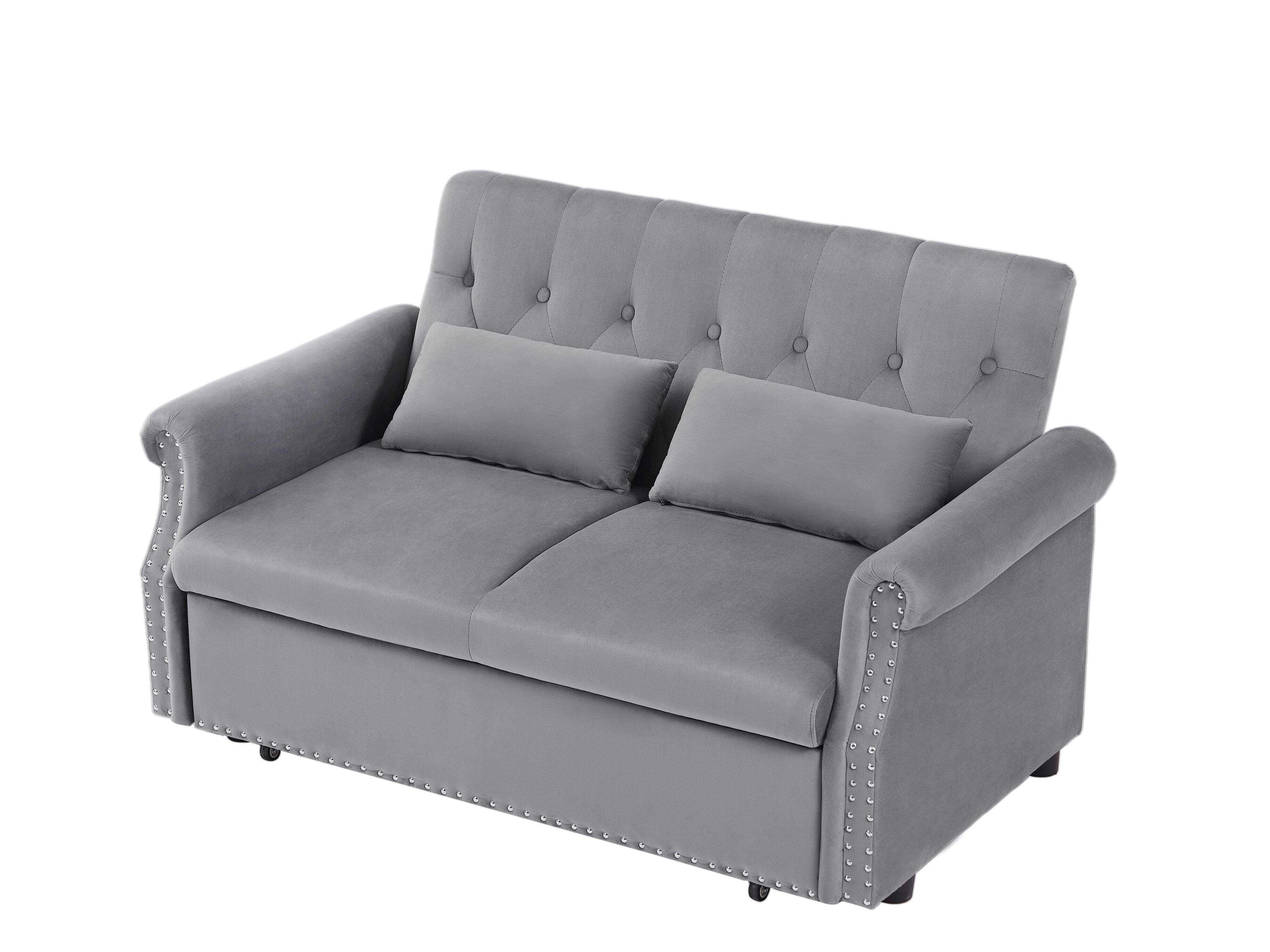 Alt View 4. Tiramisubest - Modern Velvet Convertible Loveseat Sleeper Sofa with 2 Lumbar Pillows,Adjustable Pull-Out Bed,Removable Armrest,Gray - Gray.