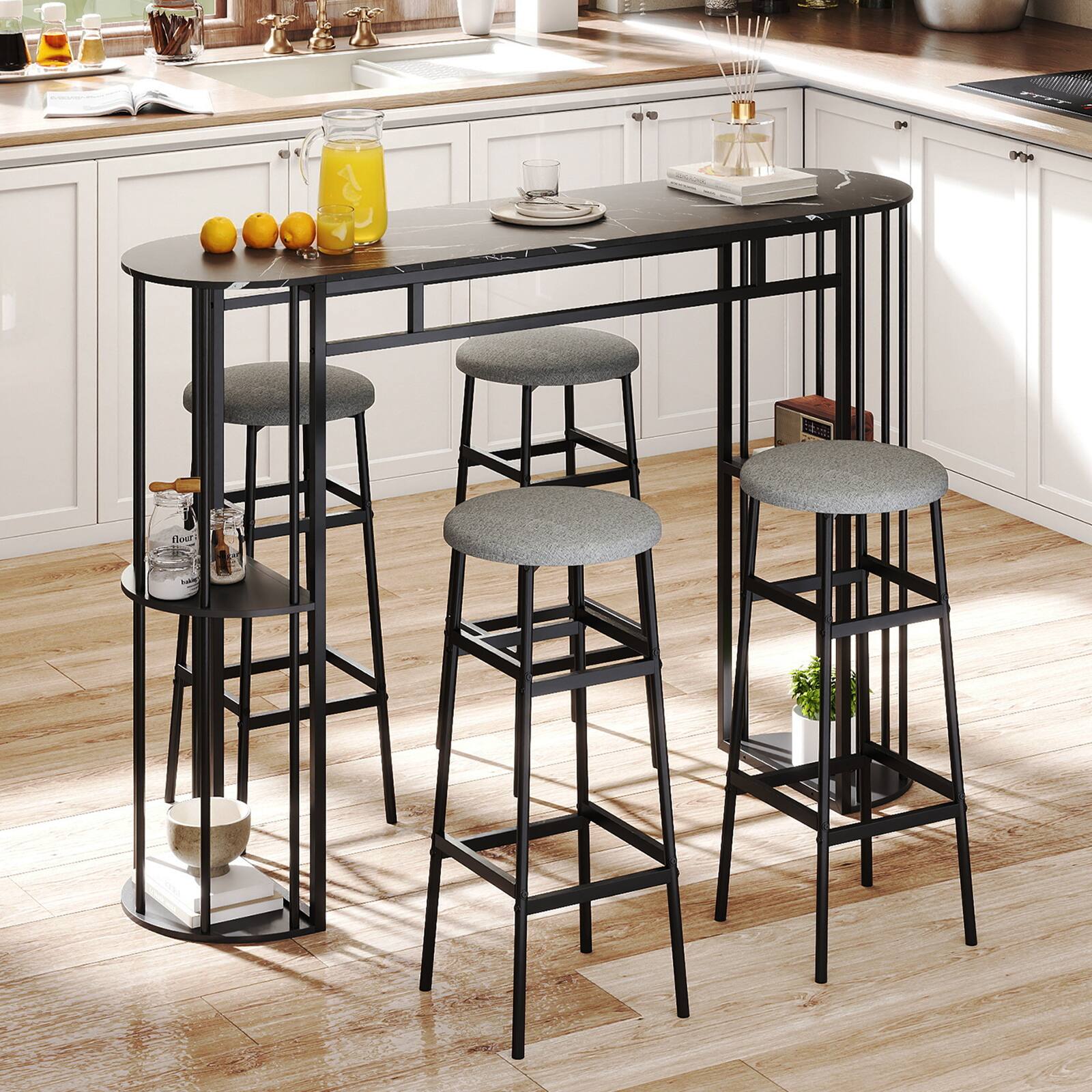 Alt View 4. Gymax - Gymax 60'' Long Bar Table Narrow Pub Table w/Faux Marble Tabletop & Storage Shelves Grey - Black.