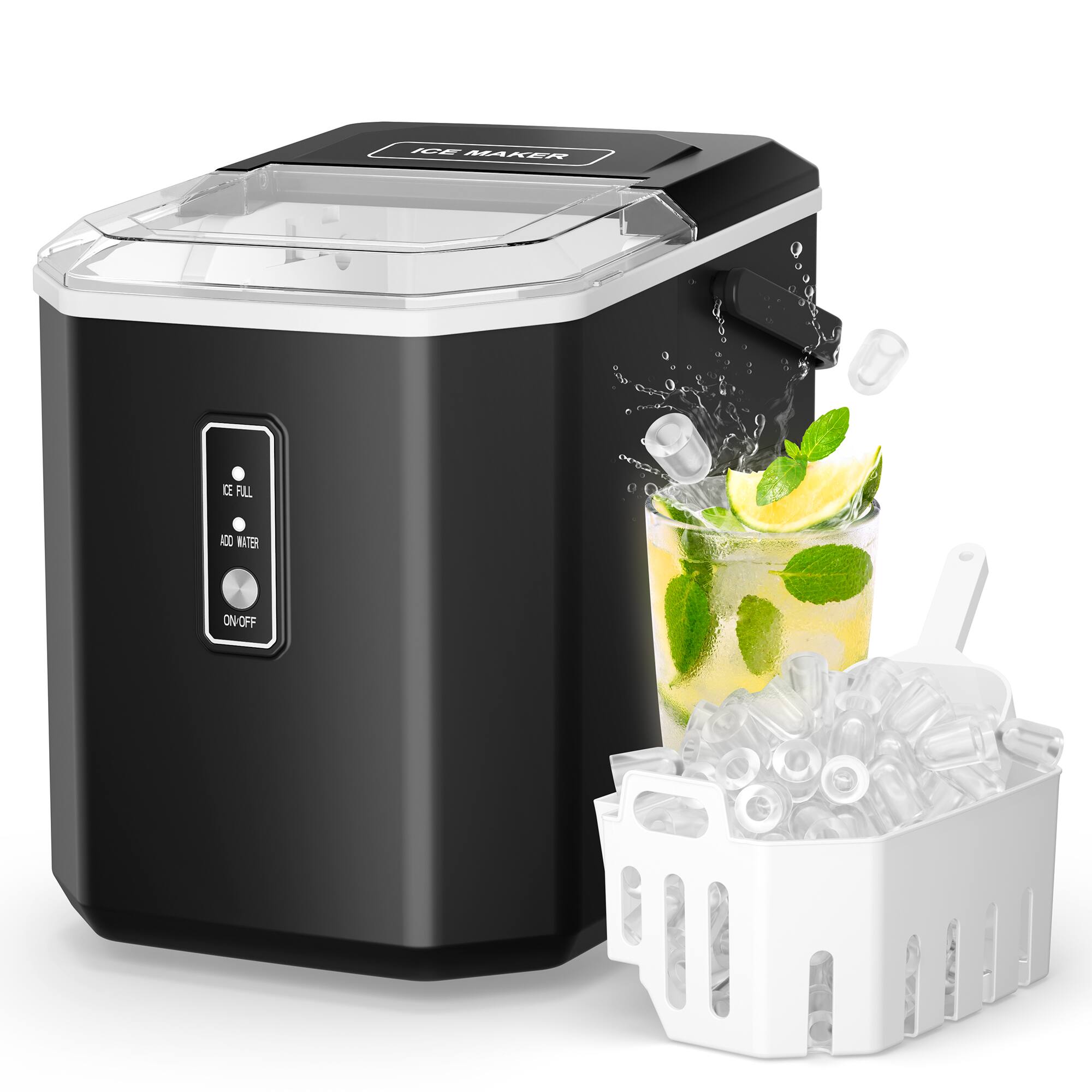 Sugift - 26lbs/24H Portable Countertop Self-Cleaning Ice Maker, 9 Bullet Cubes in 6 Mins with Handle - Black