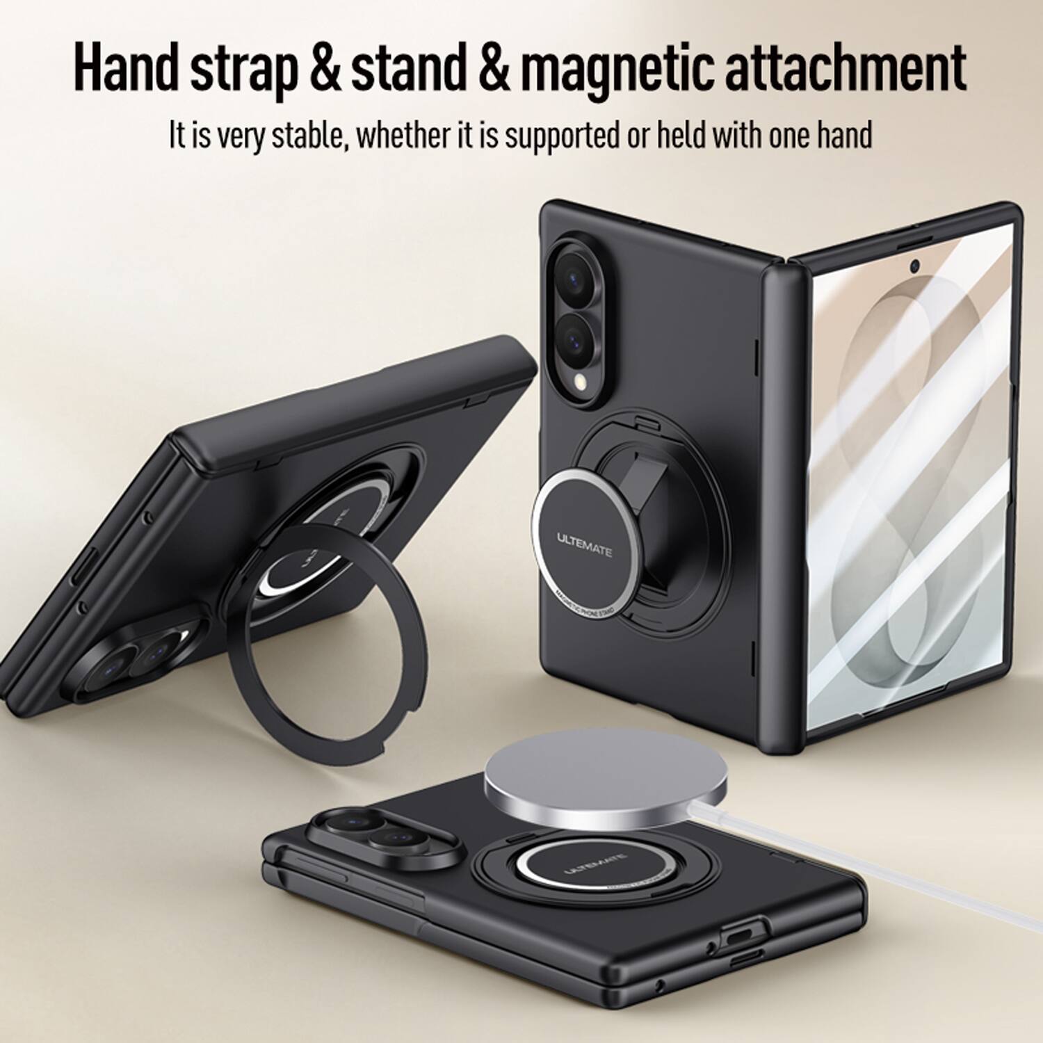 Hand strap & stand & magnetic attachment  
It is very stable, whether it is supported or held with one hand