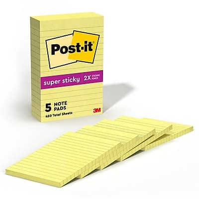 "Post-it - Super Sticky Notes, 4"" x 6"", Canary Collection, Lined, 90 Sheet/Pad, 5 Pads/Pack (6605SSCY) - Canary Yellow" price history on PriceWatchPro