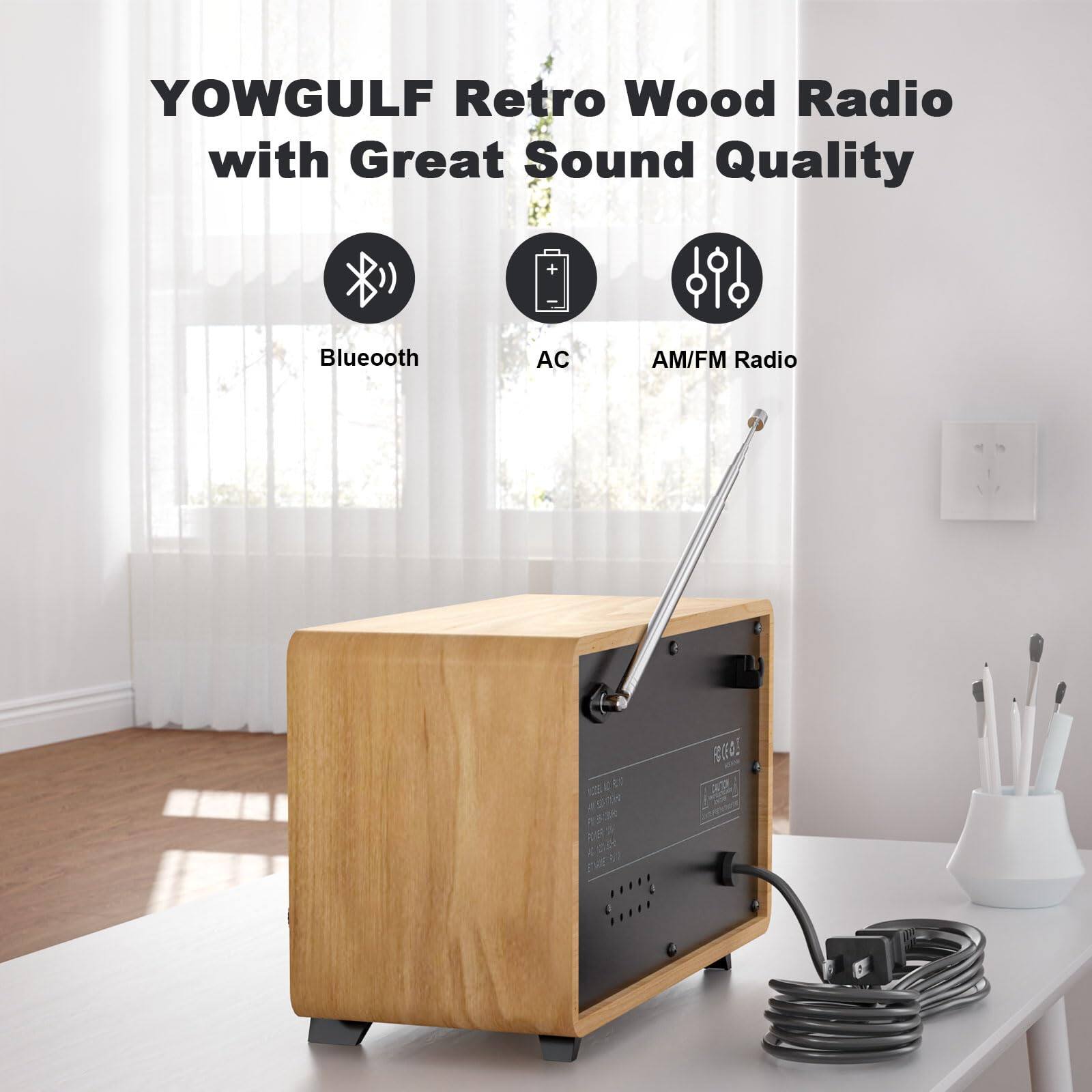 YOWGULF Retro Wood Radio with Great Sound Quality

- Bluetooth
- AC
- AM/FM Radio