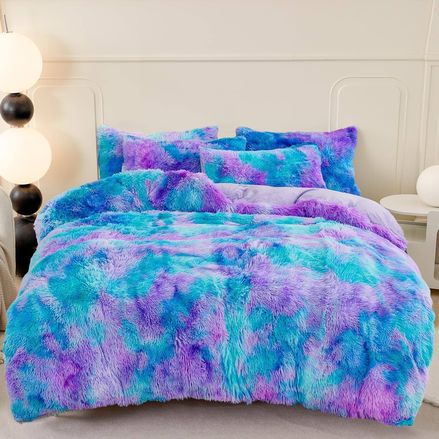 Left. PO3TICJUNKI3 - Faux Bedding Set 3pcs Plush Shaggy Fluffy Duvet Cover Tie Dye Ombre Furry Comforterquilt Queen - Blue-Twin (3PCS).
