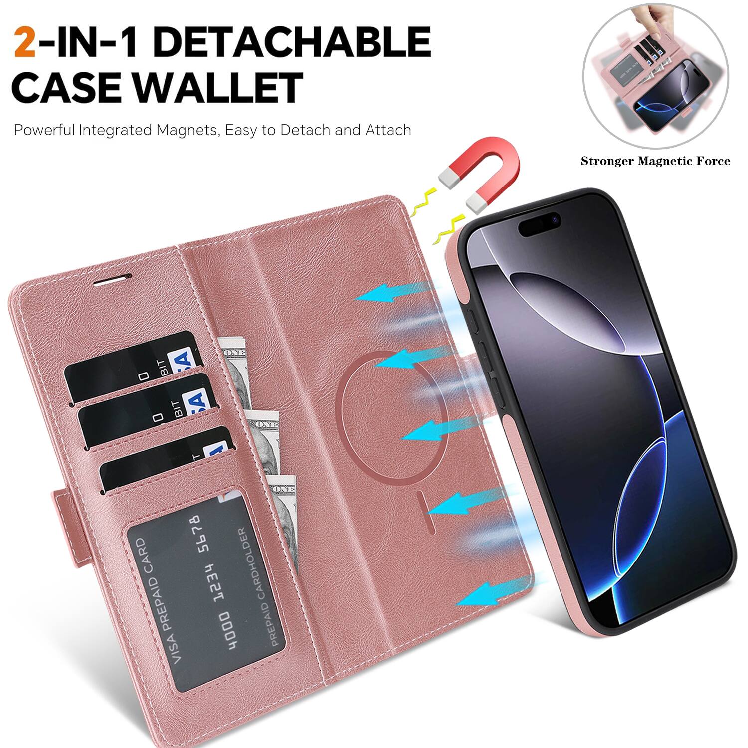 2-IN-1 DETACHABLE CASE WALLET  
Powerful Integrated Magnets, Easy to Detach and Attach  
Stronger Magnetic Force  
ONE A BIT A ONE ONE CARD 5678 CARDHOLDER PREPAID 1234 VISA 4000 PREPAID