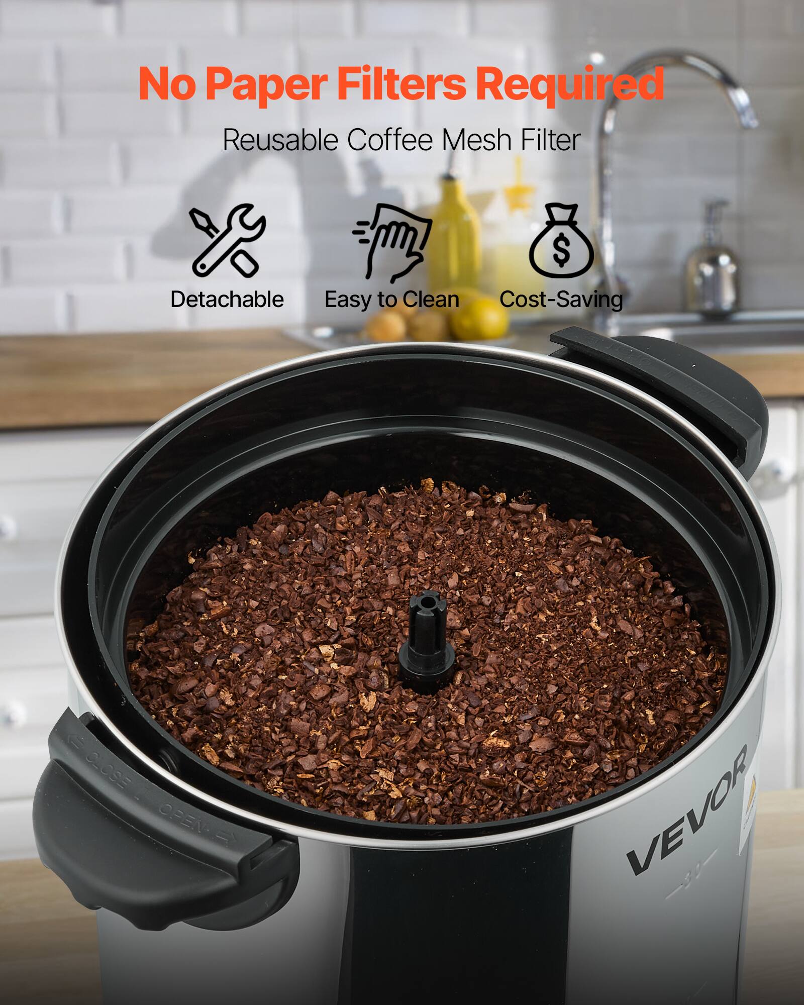 No Paper Filters Required  
Reusable Coffee Mesh Filter  

- Detachable  
- Easy to Clean  
- Cost-Saving  

VEVOR