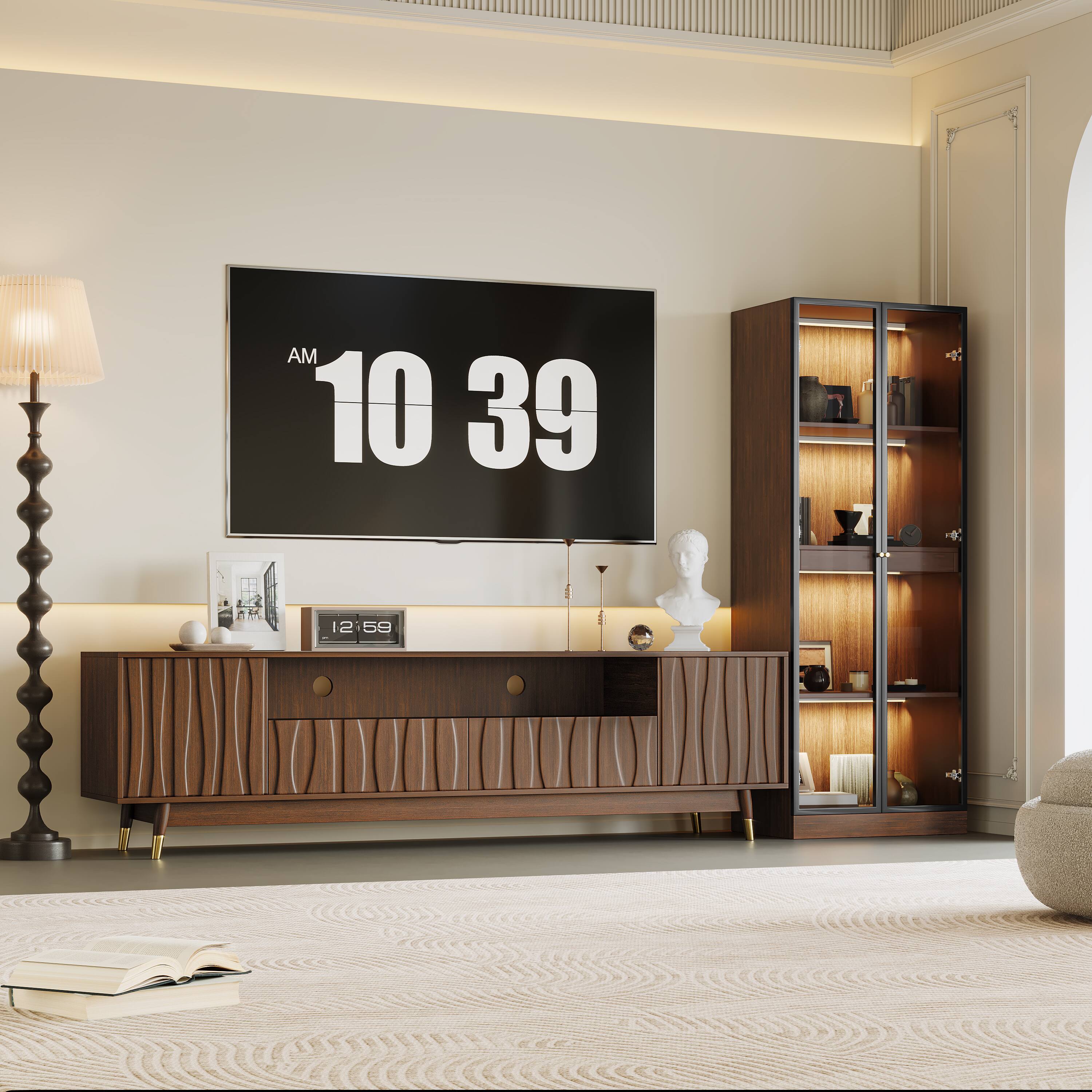 Alt View 2. MSOOB - Entertainment Center, Mid-Century Modern TV Stand and Glass Display Cabinet Set with Drawers and Storage Up to 85" TV - brown.