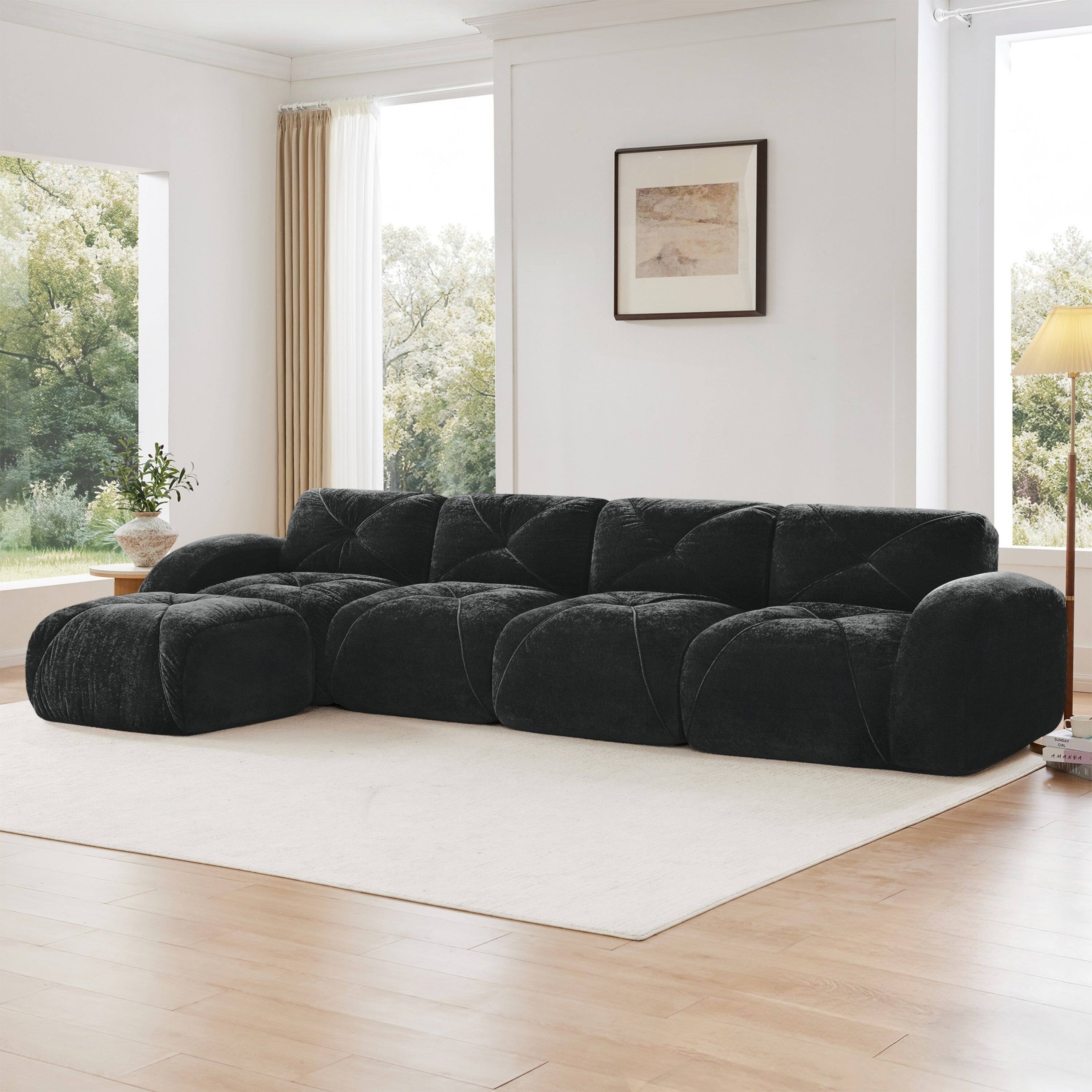 Alt View 2. Boyel Living - L Shaped Velvet Tufted Sofa Movable Ottoman 32D HD Sponge Ergonomic Anti Slip Free Combo No Assembly Living Room Black - Black.
