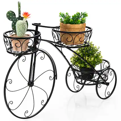 Front. Costway - Tricycle Plant Stand Flower Pot Cart Holder Parisian Style Displaying - Black.