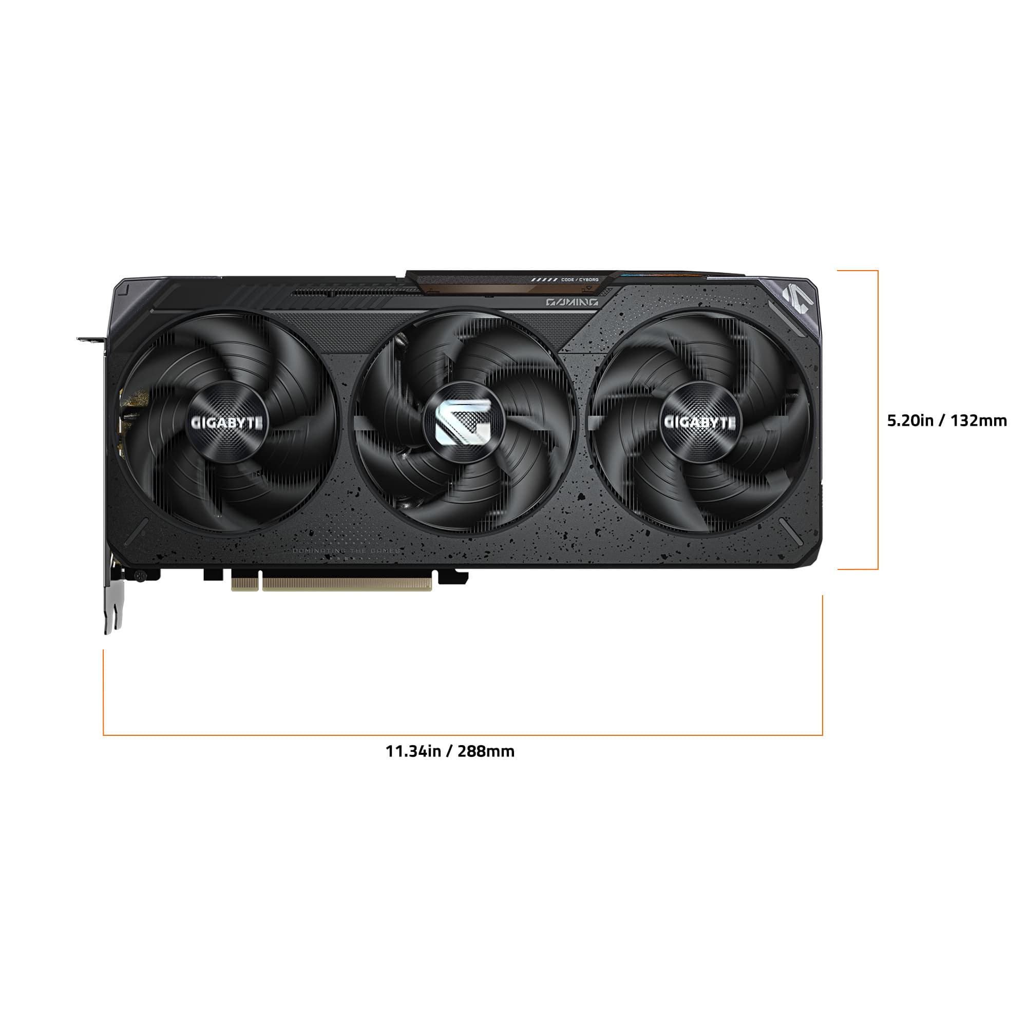 The image features a Gigabyte branded graphics card with three fans. The card is 5.20 inches (132mm) wide and 11.34 inches (288mm) long.