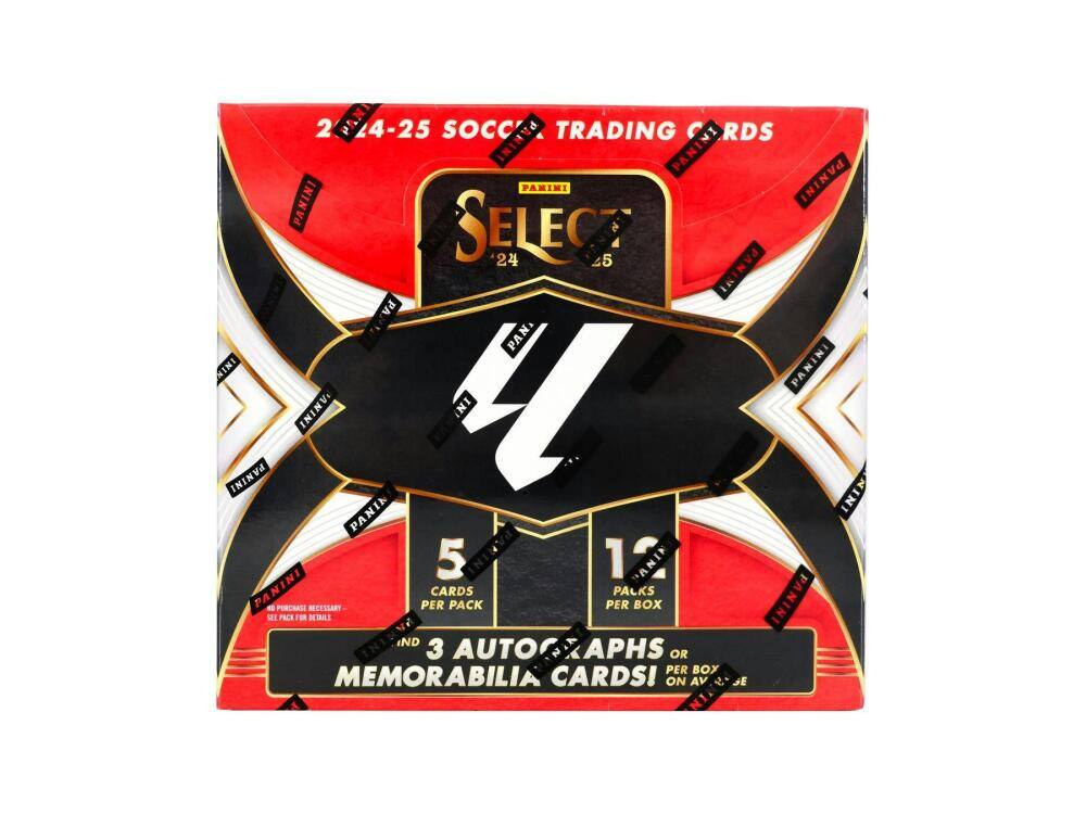 24-25 SOCCER TRADING CARDS  
PANINI SELECT 24-25  
2 PANINI  
5 CARDS PER PACK  
12 PACKS PER BOX  
3 AUTOGRAPHS OR MEMORABILIA CARDS!  
ON AVERAGE PER BOX