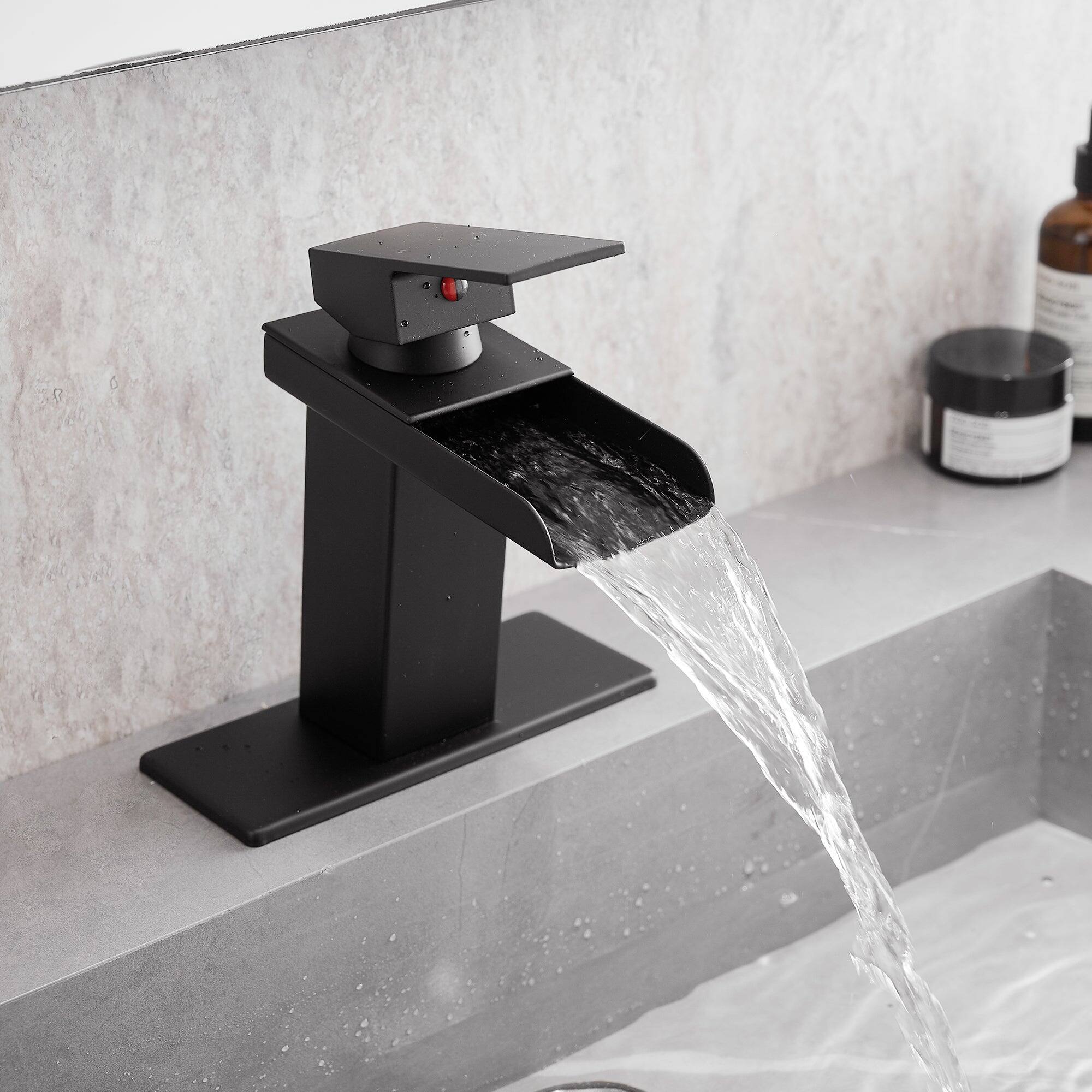 Angle. Boyel Living - Modern Waterfall Single Handle Single Hole Bathroom Faucet Matte Black with Deck Plate and Water Supply Hoses - Matte Black.