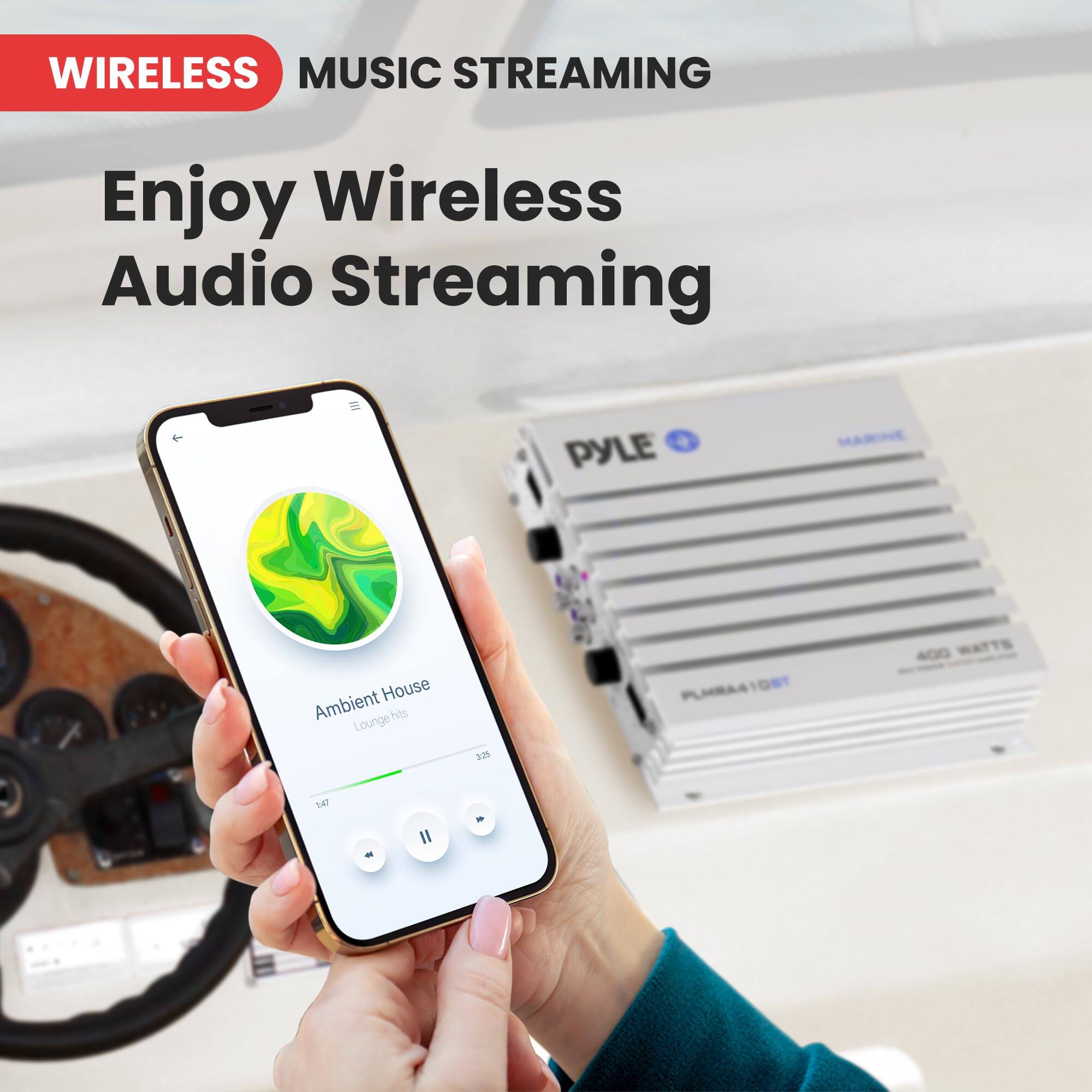 WIRELESS MUSIC STREAMING  
Enjoy Wireless Audio Streaming  

Ambient House  
Lounge hits  

PYLE  
PLMRAA10BT  
400 WATTS