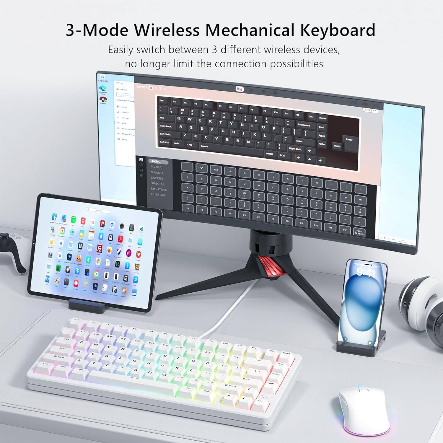 3-Mode Wireless Mechanical Keyboard

Easily switch between 3 different wireless devices, no longer limit the connection possibilities

- BASIC
- MEDIA
- LAYERS
- SPECIAL
- LIGHTING
- CUSTOM
