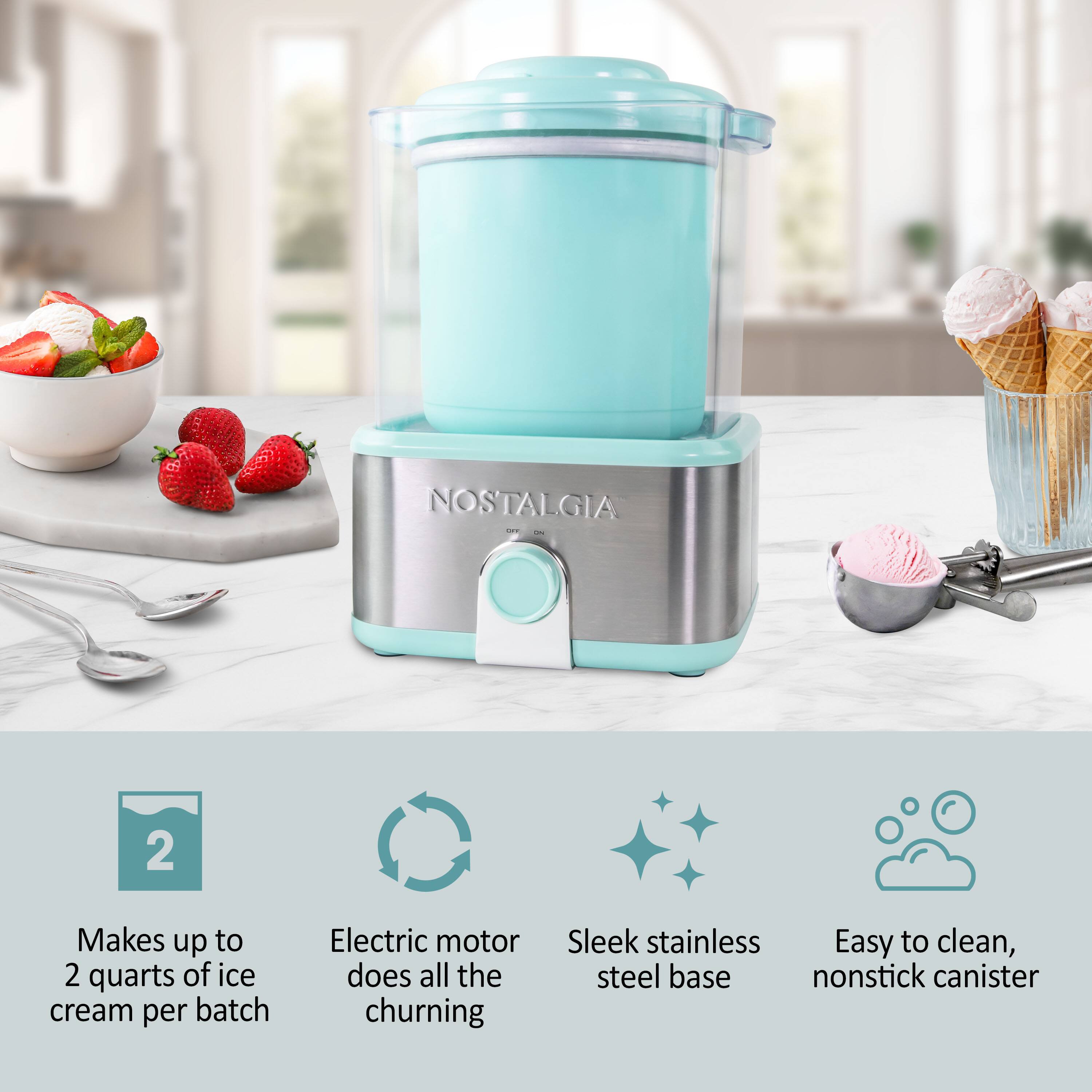NOSTALGIA

- Makes up to 2 quarts of ice cream per batch
- Electric motor does all the churning
- Sleek stainless steel base
- Easy to clean, nonstick canister