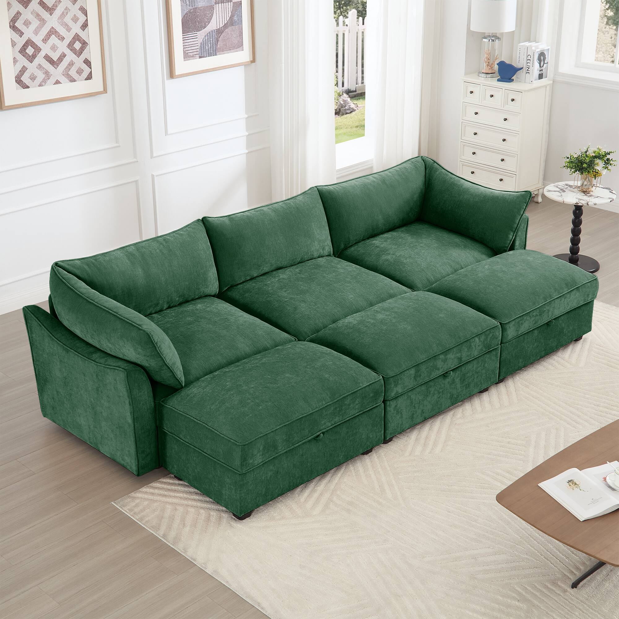 Angle. Aukfa - 3-Seater Sofa with 3 Footstools - Pull-Out Drawers Under Each Seat, Crescent Armrests, Chenille Fabric - Green.
