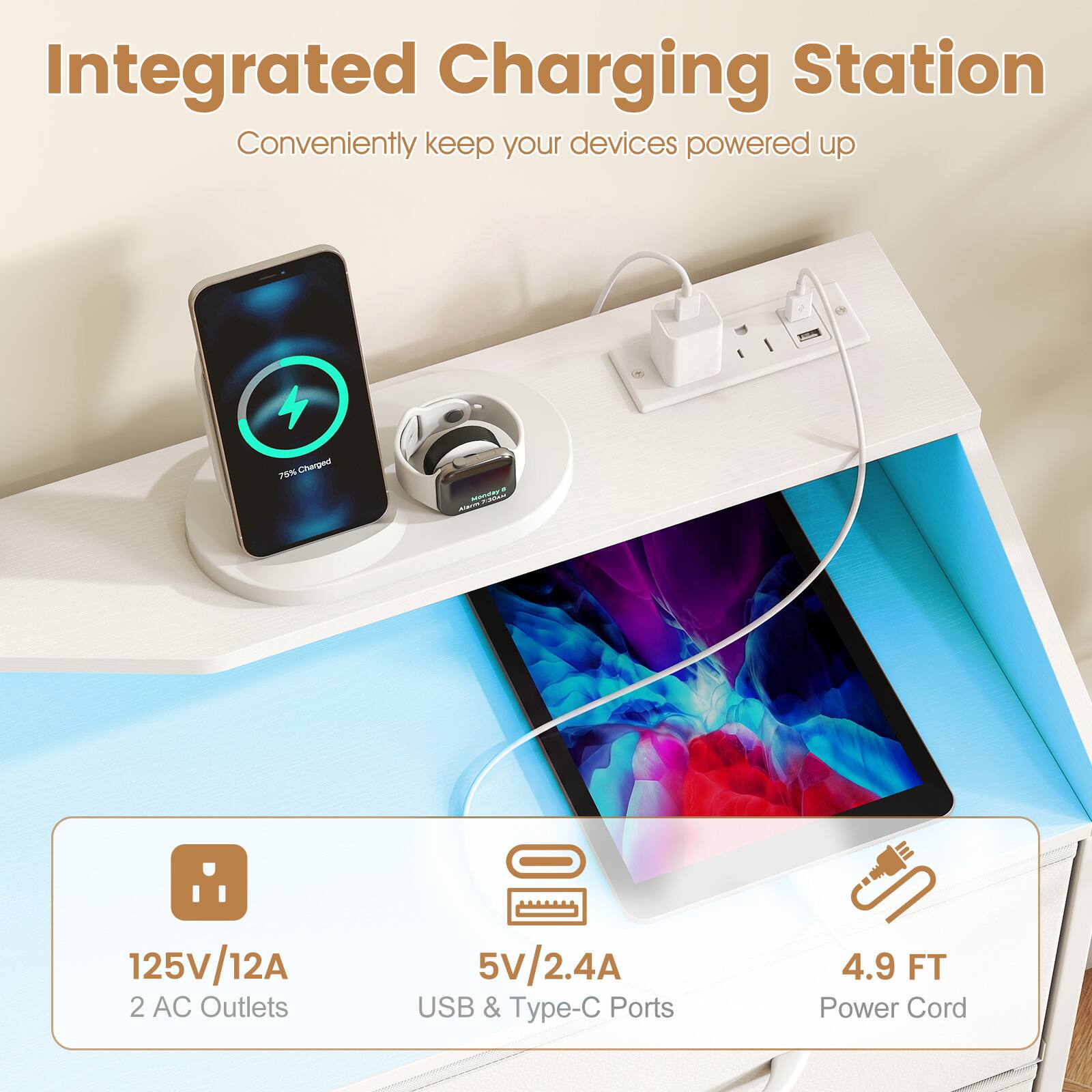 Integrated Charging Station  
Conveniently keep your devices powered up  

- 125V/12A  
- 2 AC Outlets  
- 5V/2.4A USB & Type-C Ports  
- 4.9 FT Power Cord