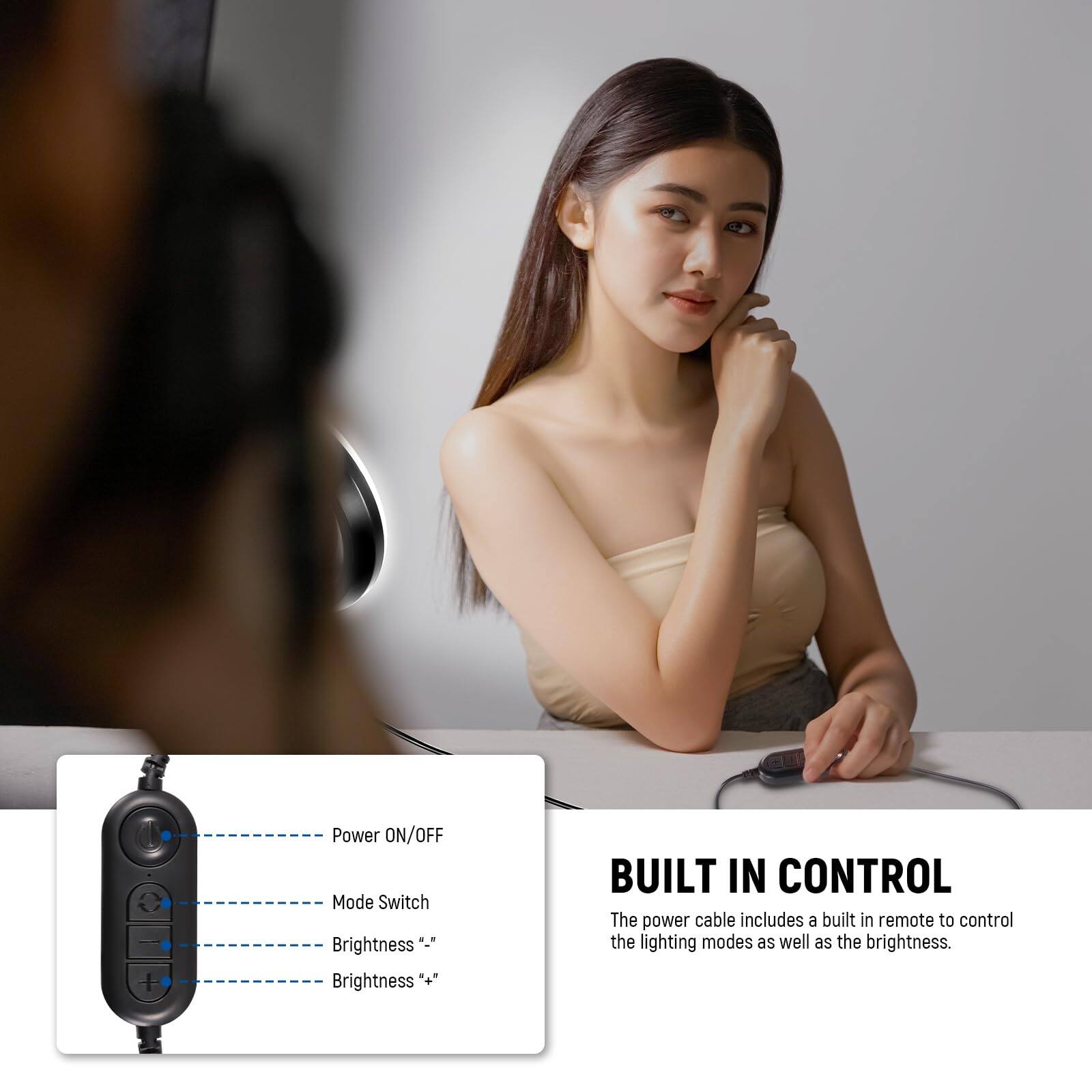 **BUILT IN CONTROL**

The power cable includes a built-in remote to control the lighting modes as well as the brightness.

- Power ON/OFF
- Mode Switch
- Brightness "-"
- Brightness "+"