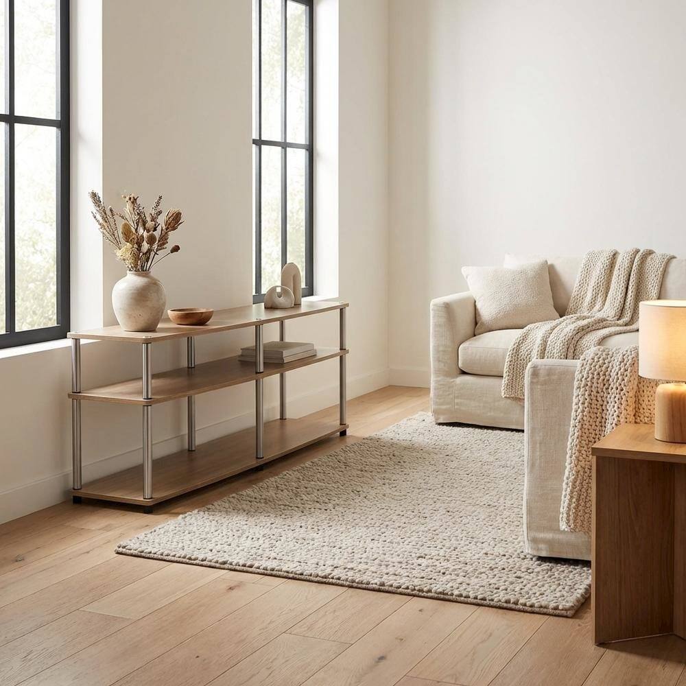 Alt View 2. FurniFact - Light Oak TV Stand with 3 Tiers and Stainless Steel Poles - Brown.