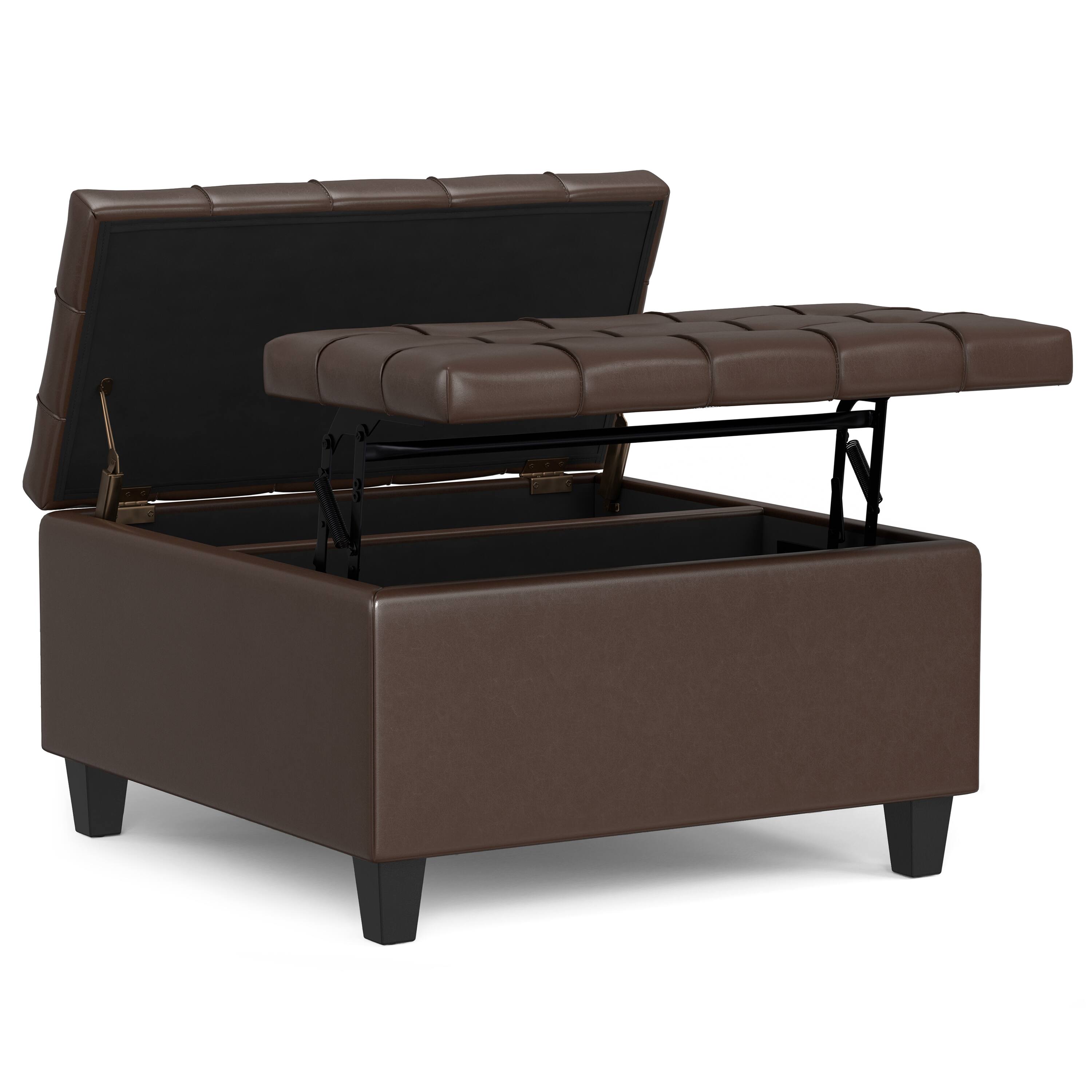 Back. Simpli Home - Harrison 30 inch Wide Small Square Coffee Table Storage Ottoman in Chocolate Brown Vegan Leather - Chocolate Brown.