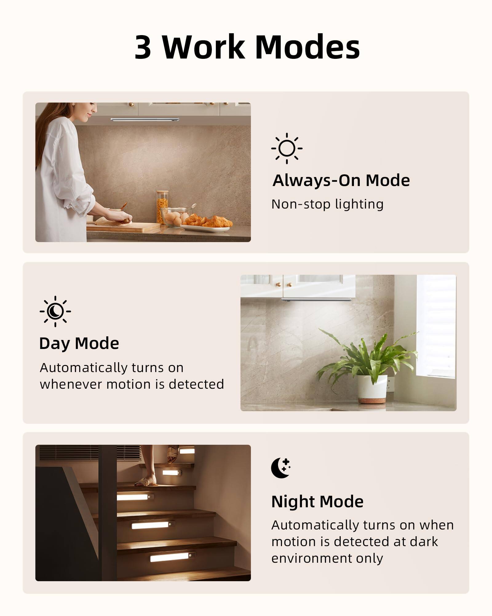 3 Work Modes

Always-On Mode  
Non-stop lighting

Day Mode  
Automatically turns on whenever motion is detected

Night Mode  
Automatically turns on when motion is detected at dark environment only
