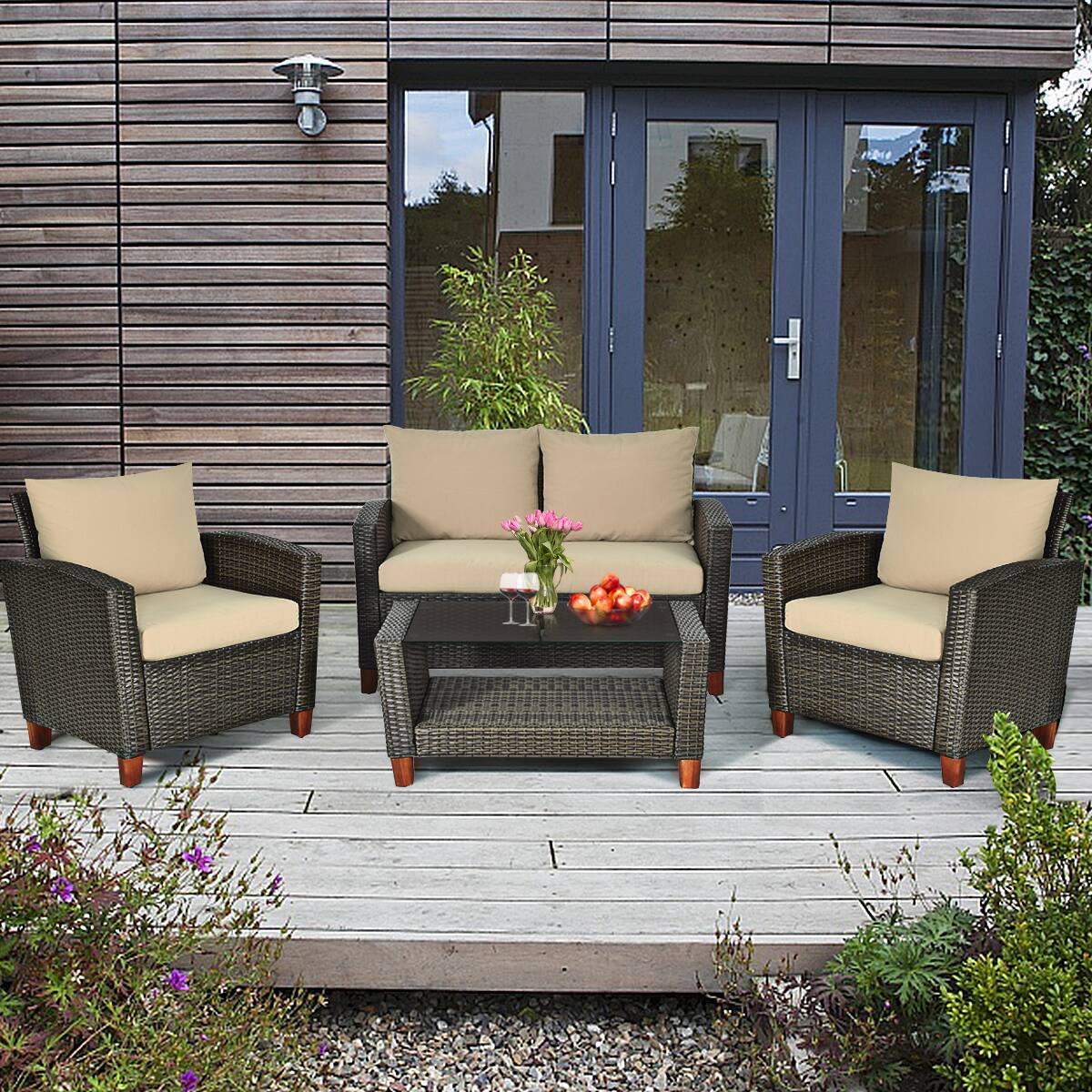 Alt View 2. Gymax - Gymax 4PCS Cushioned Rattan Conversation Set w/ Coffee Table Patio Outdoor - Beige.