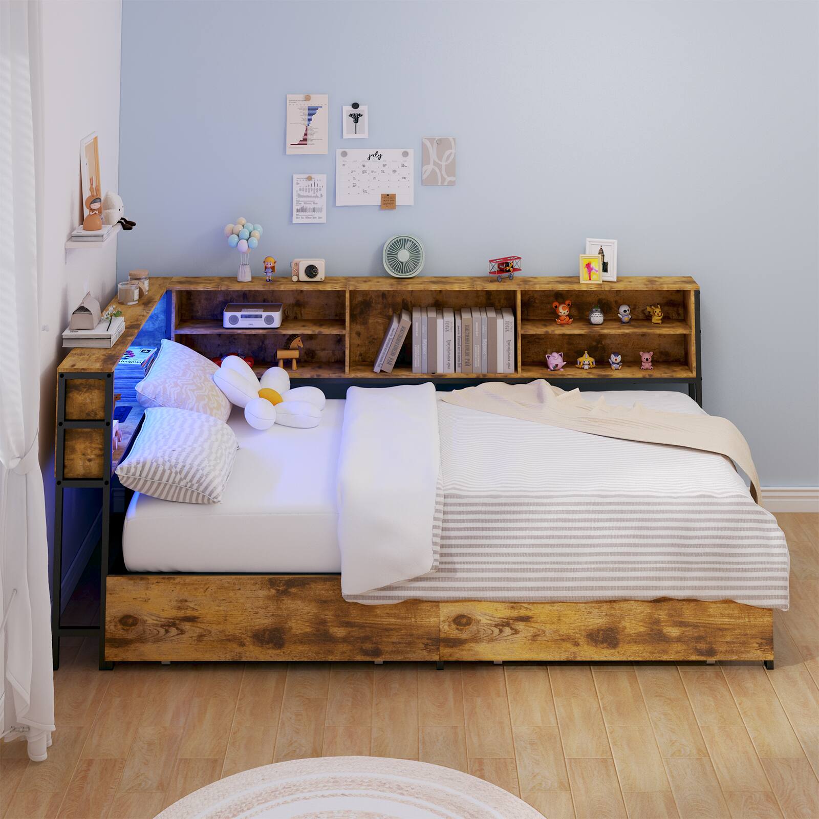 Angle. LUCKY ONE - Twin Corner Daybed with Storage Drawers, Bookcase Headboard, LED Lighting & USB Charging Station - Brown.