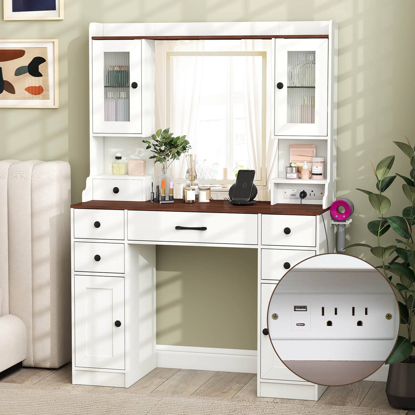 Alt View 3. Costway - Costway 41.5" Vanity Desk with Mirror Lights Power Outlets Hair Dryer Rack Storage Shelves - White,Walnut.