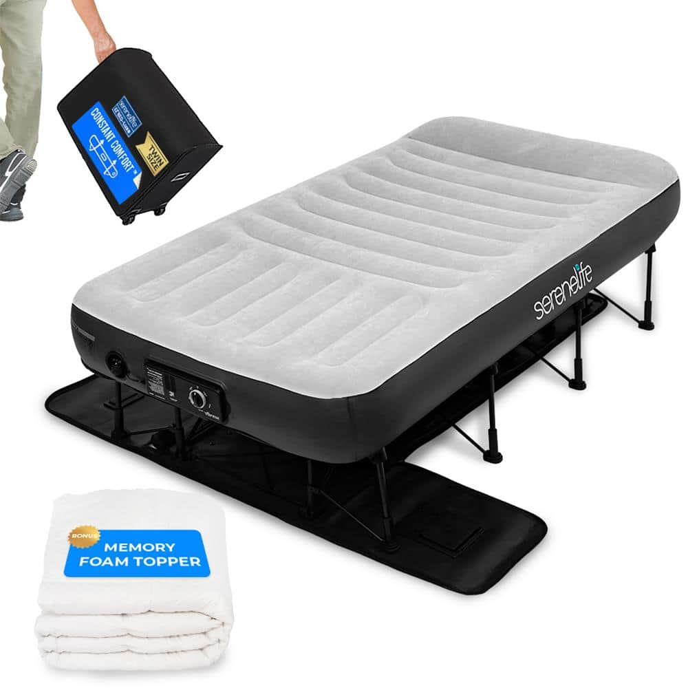 SereneLife - (Twin) EZ Bed Luxe Air Mattress with Frame and Rolling Case - Luxury Series with Bonus Memory Foam Cover - Gray/Black