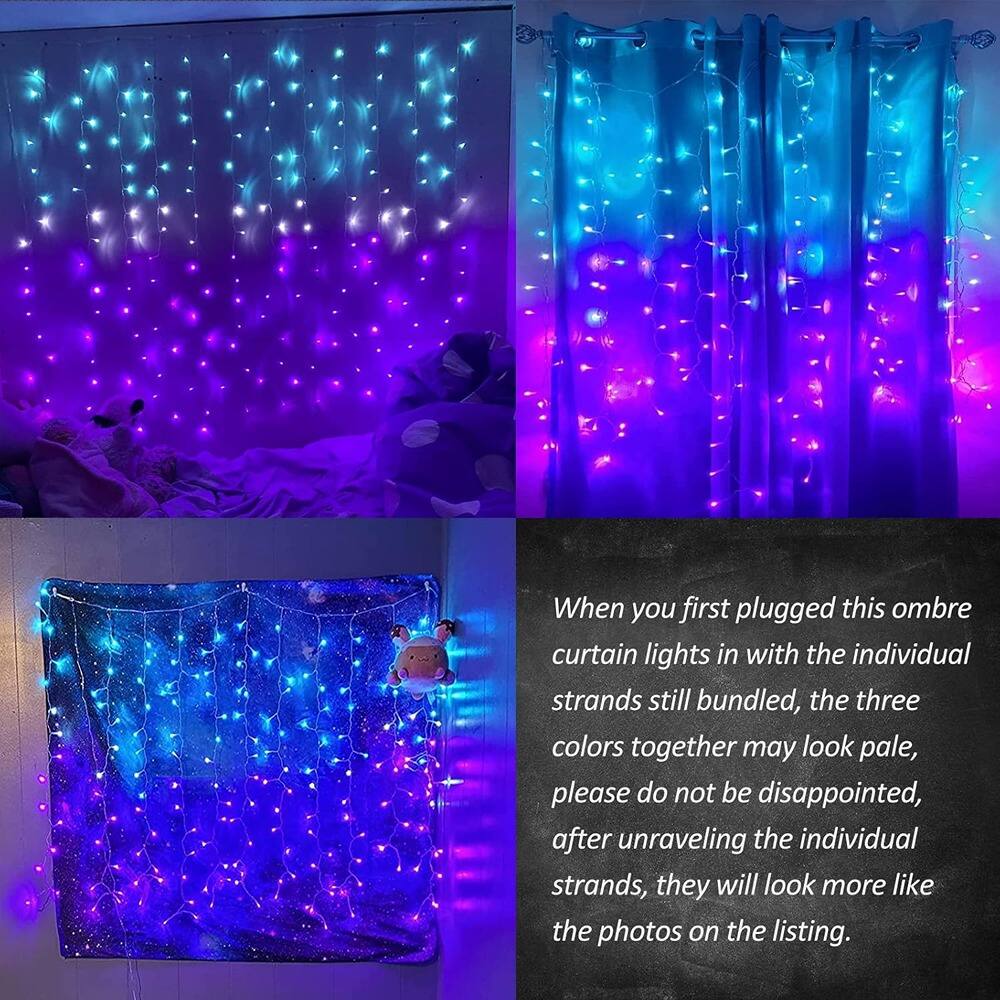 When you first plugged this ombre curtain lights in with the individual strands still bundled, the three colors together may look pale, please do not be disappointed, after unraveling the individual strands, they will look more like the photos on the listing.