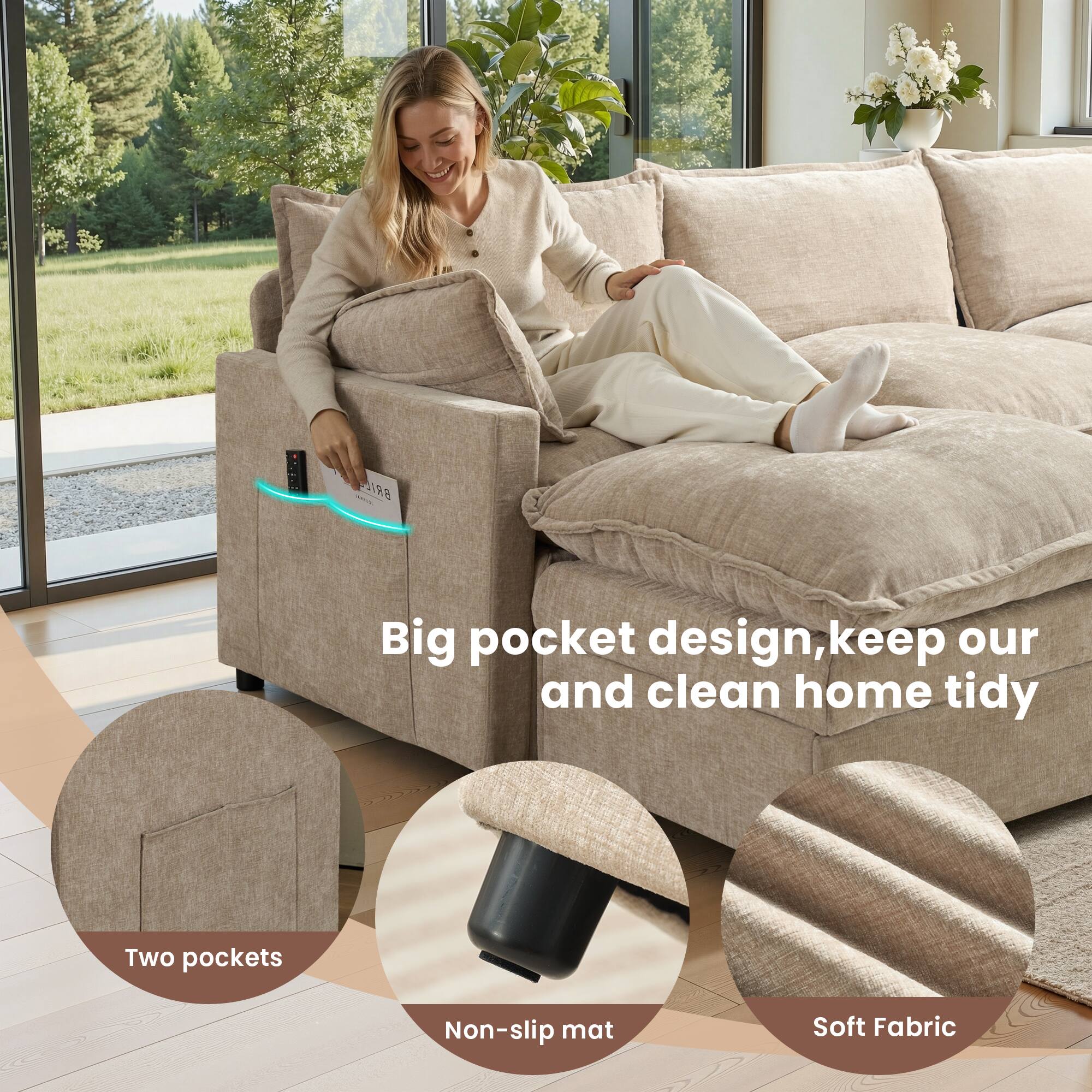 Big pocket design, keep our and clean home tidy

Two pockets

Non-slip mat

Soft Fabric