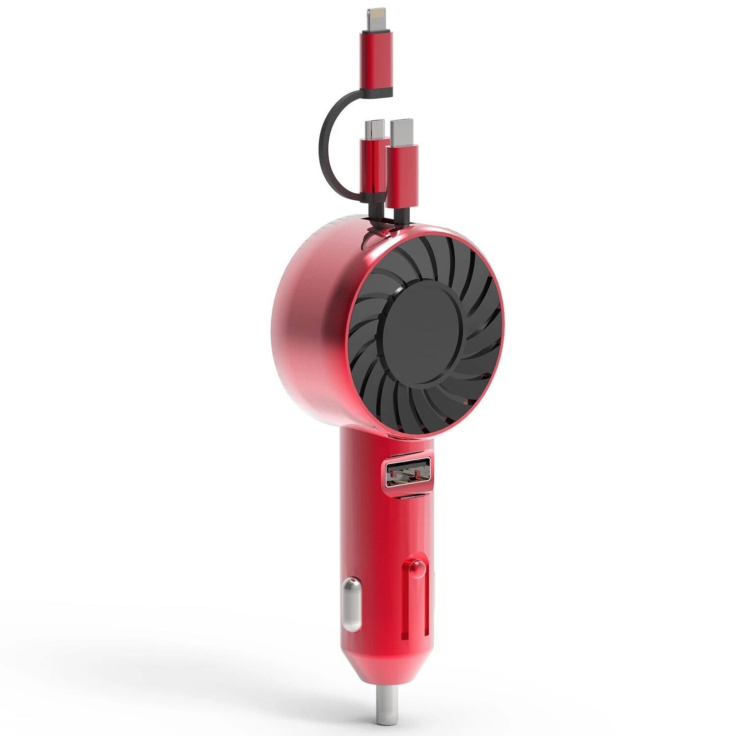 Angle. Stock Preferred - 3-in-1 Retractable Car Charger with USB Type-C Fast Charging Adapter Red - Red.