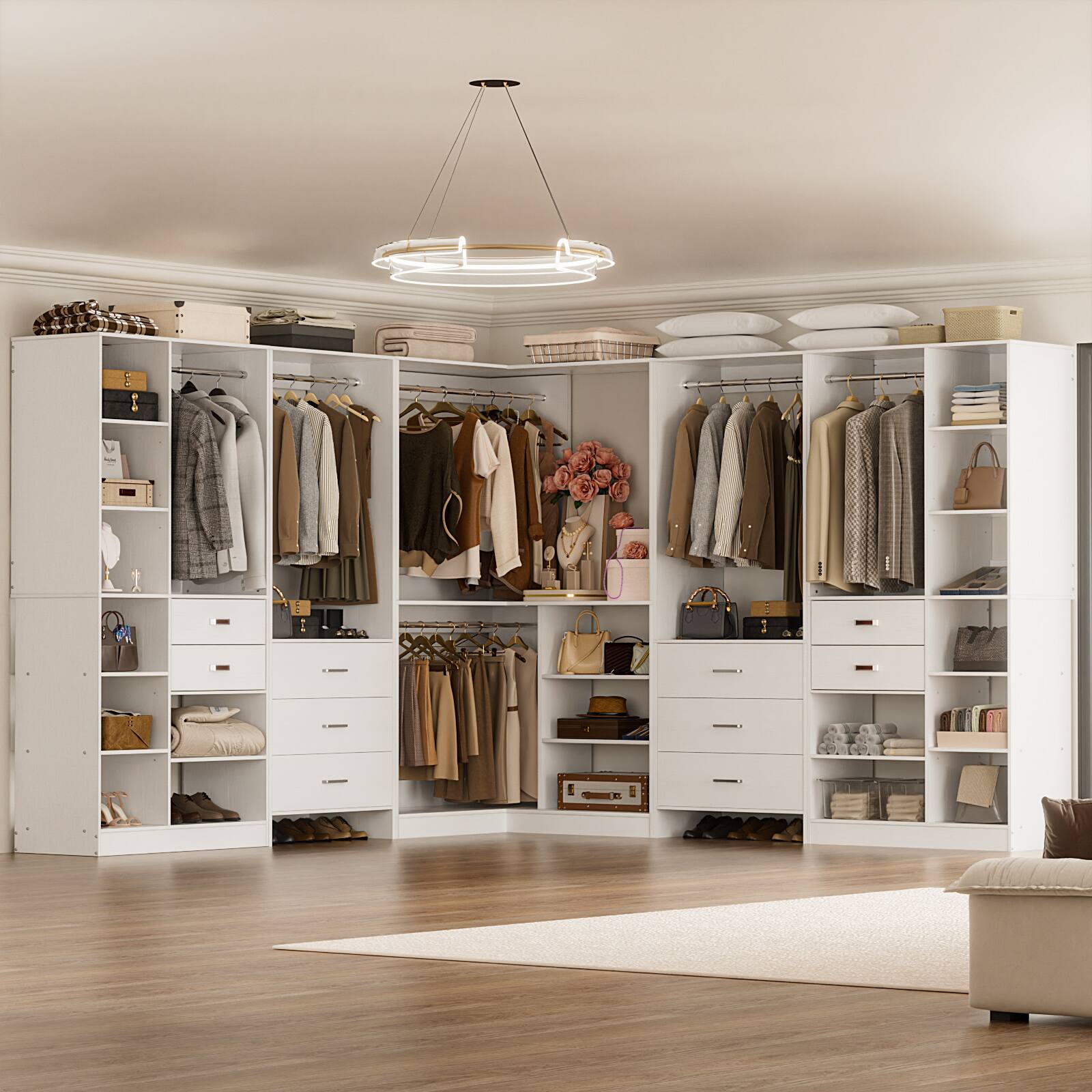 Alt View 2. Aheaplus - 100'' Large L Shaped Walk-in Closet System with 10 Wooden Drawers, 6 Hanging Rods and Corner Tower - White.