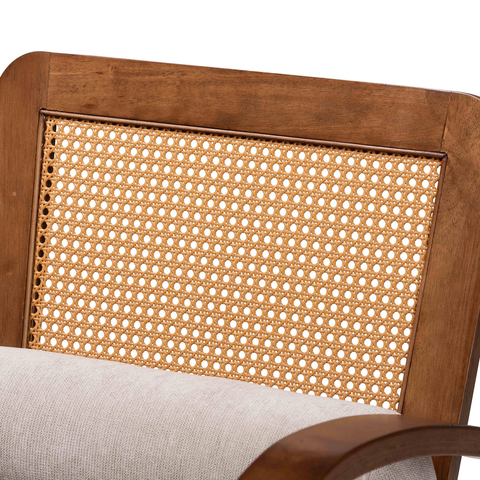 Alt View 1. Baxton Studio - Sage Modern Japandi Fabric and Walnut Finished Wood Arm Chair with Woven Rattan - Light Grey/Walnut Brown/Natural Brown.