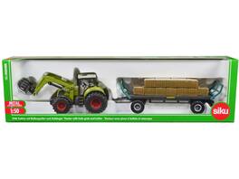 Claas Tractor with Square Bale Grab and Oehler Bale Trailer with 12 Hay Bales 1/50 Diecast Model by Siku - Green