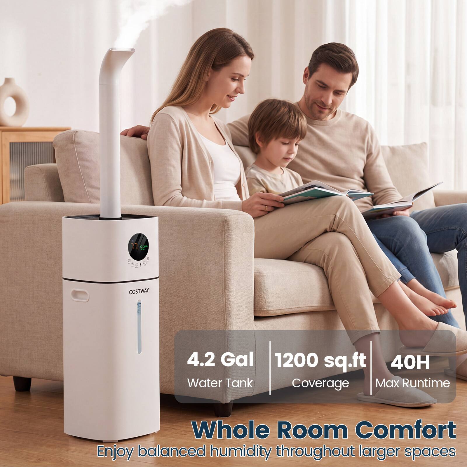 DI
+ 0 COOLET : -
COSTWAY
4.2 Gal 1200 sq.ft 40H Water Tank Coverage Max Runtime
Whole Room Comfort Enjoy balanced humidity throughout larger spaces