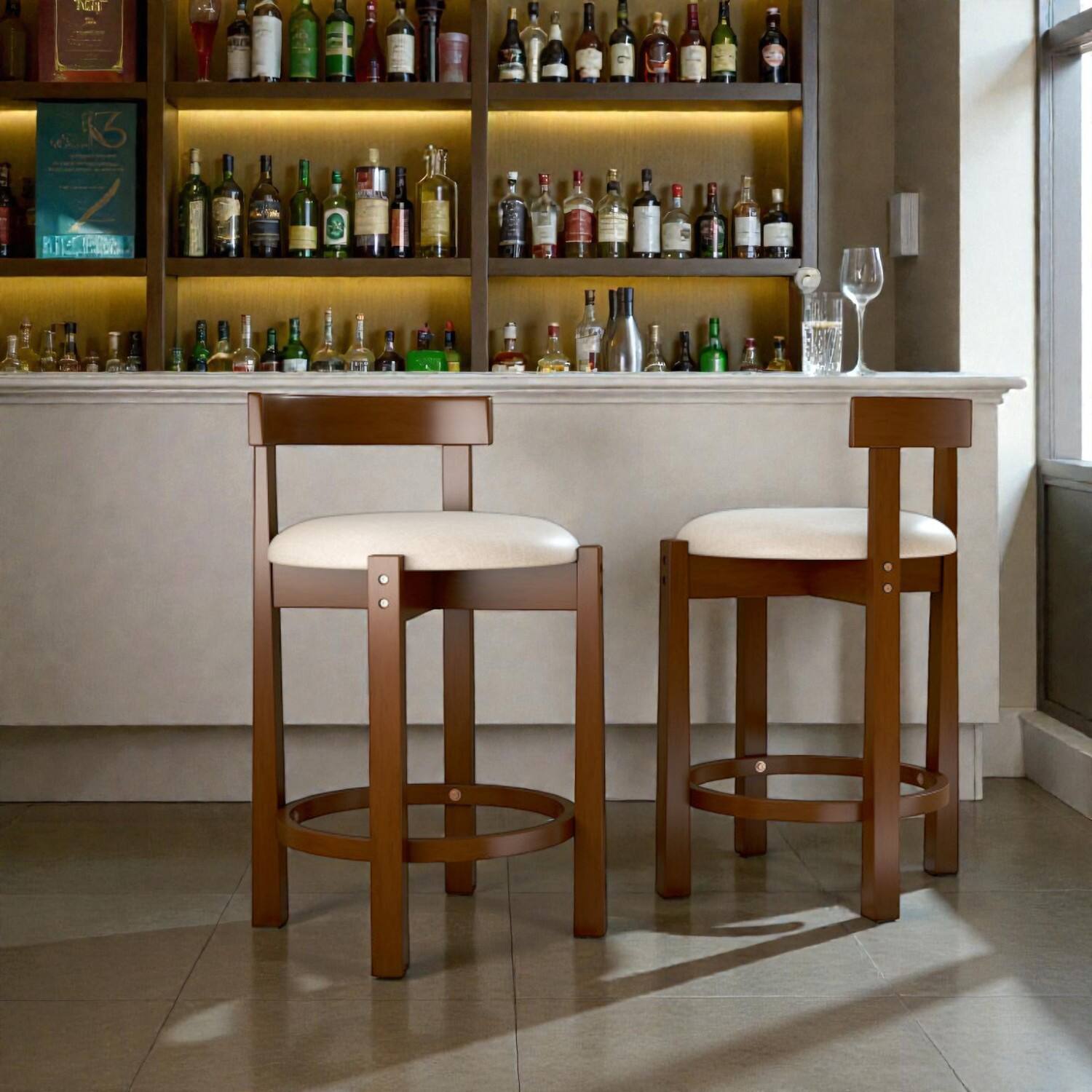 Front. Hivvago - Set of 2 Upholstered 24-Inch Counter Stools with Supportive Backrest and Built-In Footrest - Beige.