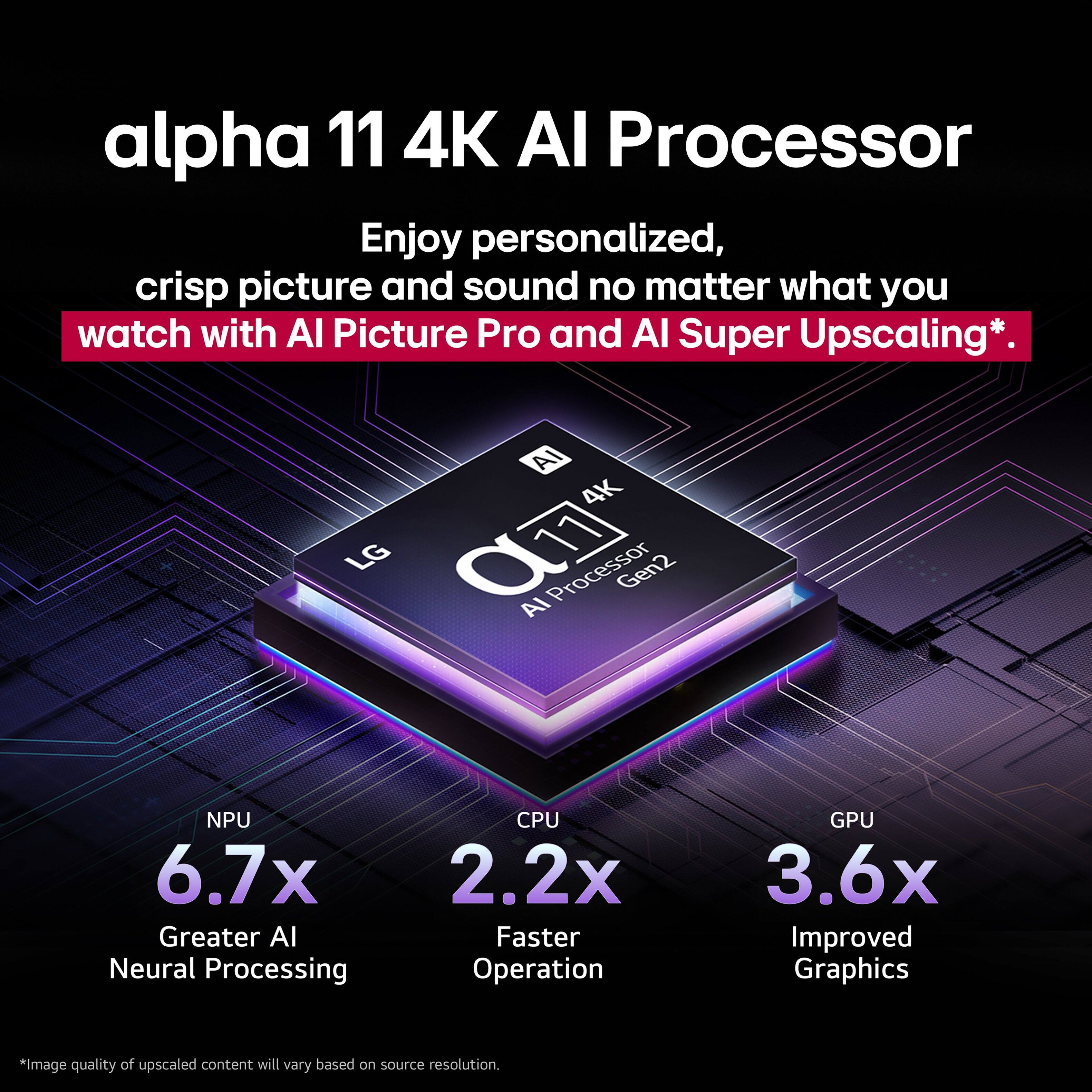 Alpha 11 4K AI Processor: Enjoy personalized, crisp picture and sound no matter what you watch with Al Picture Pro and Al Super Upscaling. AI 4K LG CT1 11 Processor Gen2 AI NPU 6.7x Greater AI Neural Processing CPU 2.2x Faster Operation GPU 3.6x Improved Graphics. *Image quality of upscaled content will vary based on source resolution.