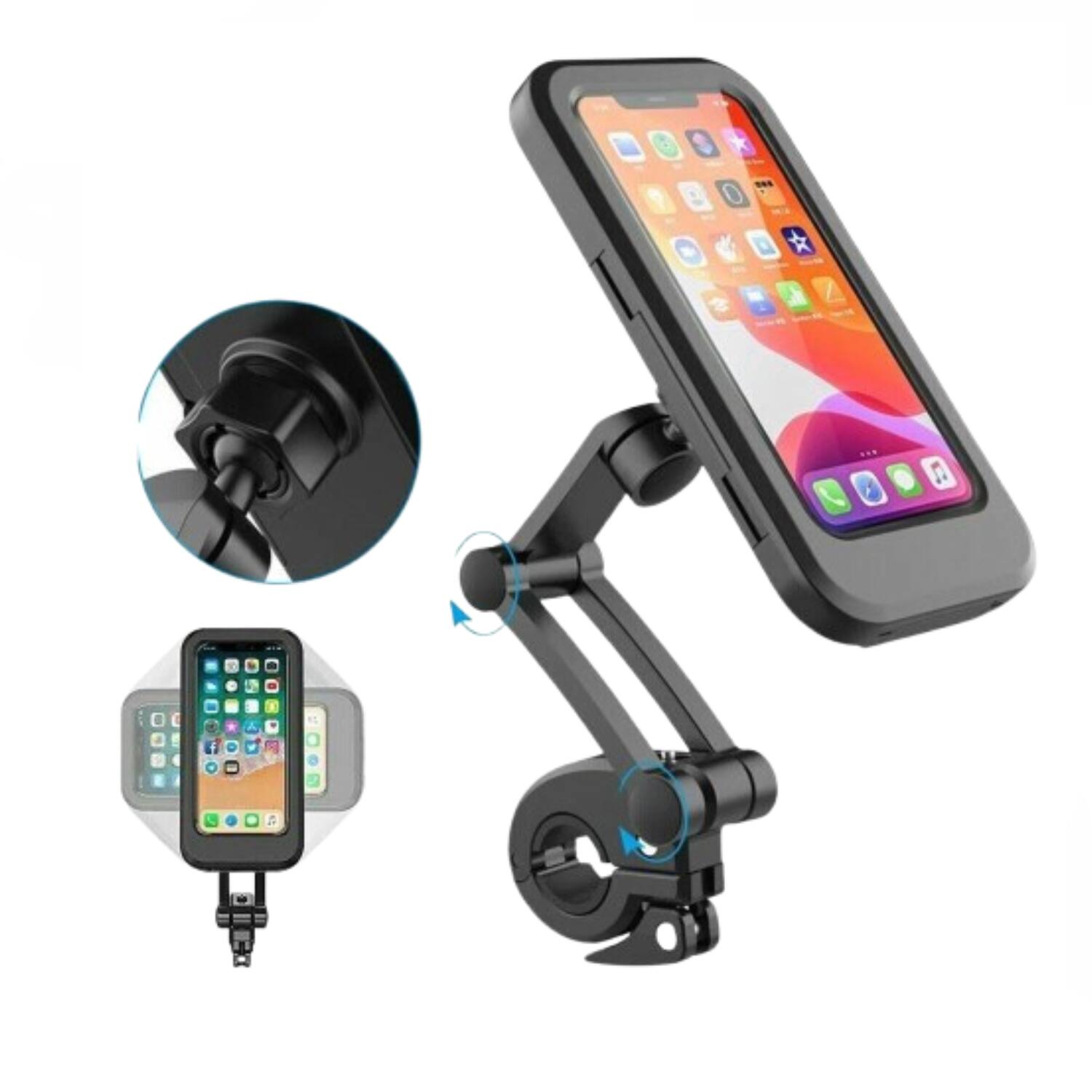 Angle. Stock Preferred - Motorcycle Bike Handlebar Phone Mount Holder with Waterproof Case - Black.