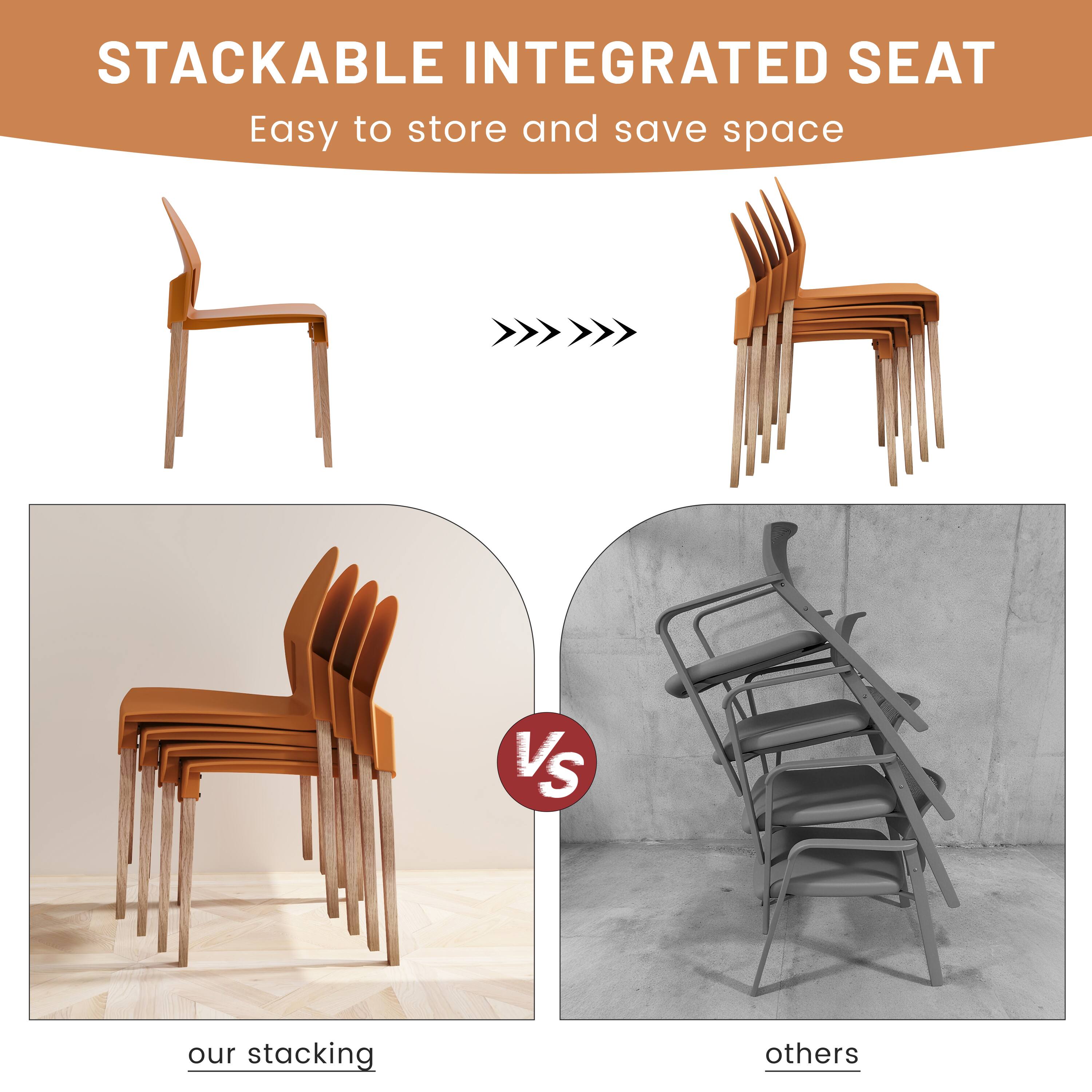 STACKABLE INTEGRATED SEAT  
Easy to store and save space  

our stacking  

VS  

others