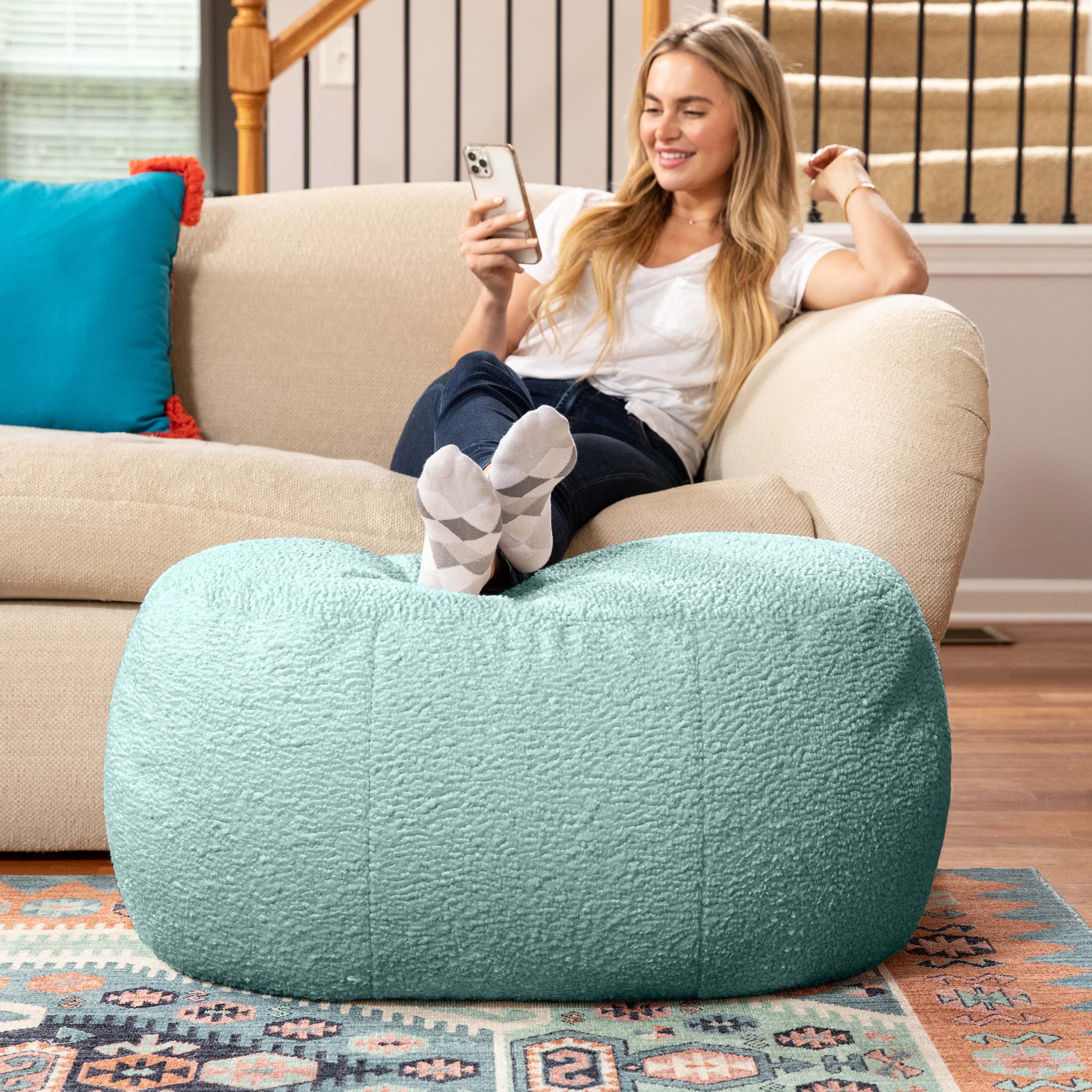 Alt View 3. Jaxx - Jaxx Ellis Ottoman Shearling Faux-Lamb Plush Pouf for Modern Interior Design, Oval, Mineral Green - Mineral Green.