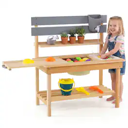 Costway - Outdoor Mud Kitchen for Kids, Wooden Kitchen Playset with Extended Tabletop - Natural