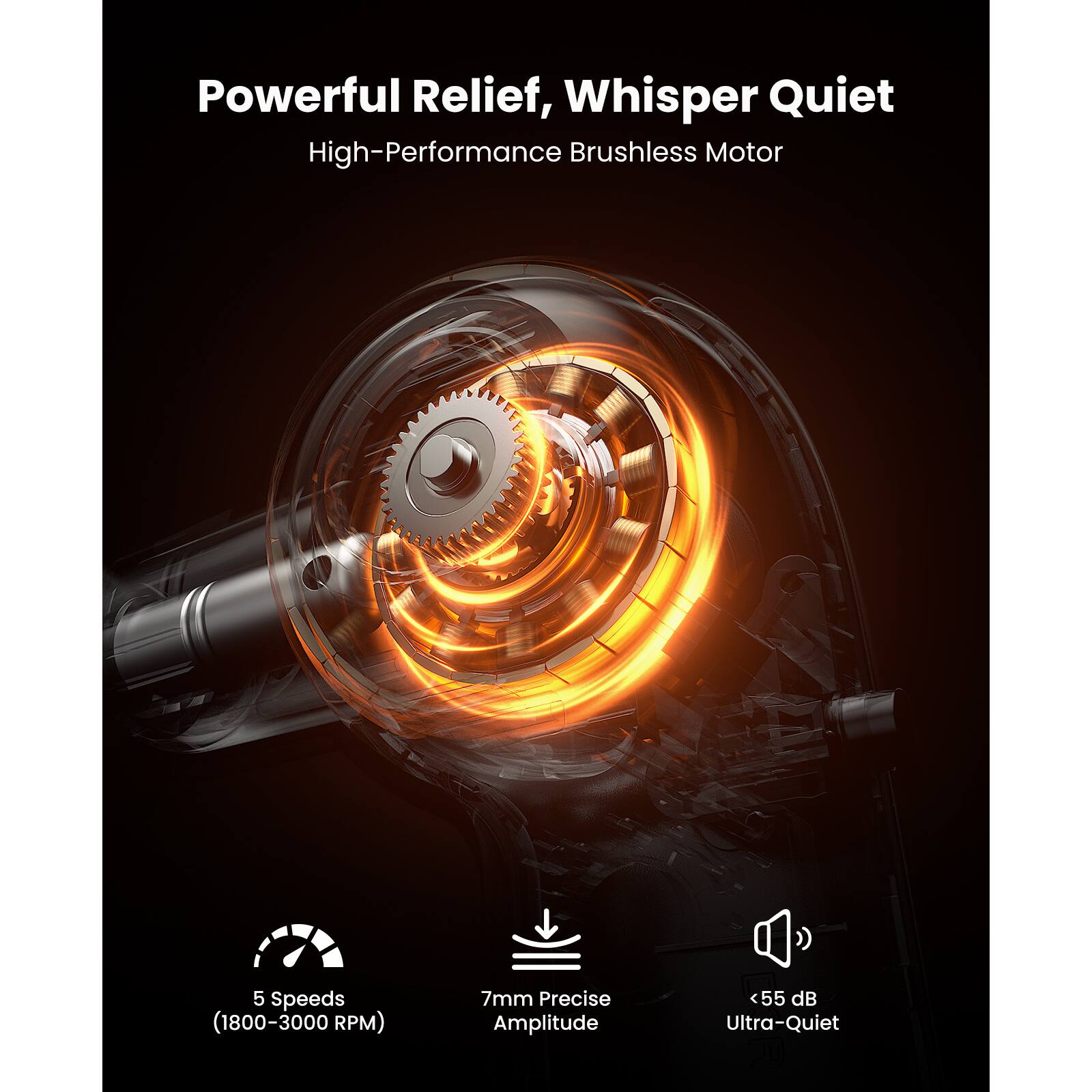 Powerful Relief, Whisper Quiet  
High-Performance Brushless Motor  

5 Speeds (1800-3000 RPM)  
7mm Precise Amplitude  
<55 dB Ultra-Quiet