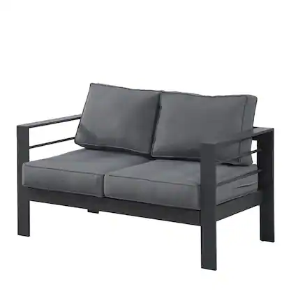 Front. Mondawe - 50" All-Weather Aluminum Patio Loveseat with Cushions - Gray.
