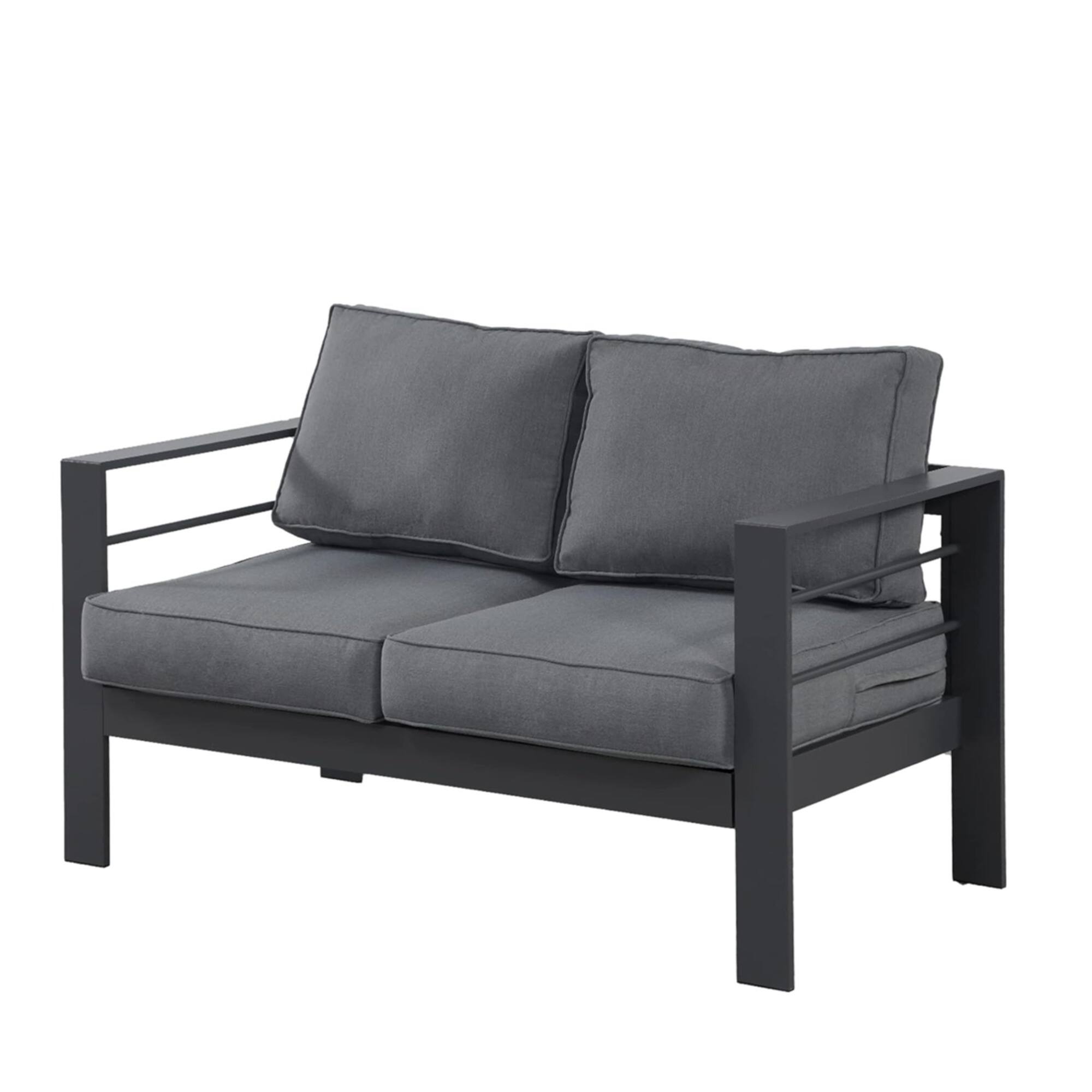 Front. Mondawe - 50" All-Weather Aluminum Patio Loveseat with Cushions - Gray.