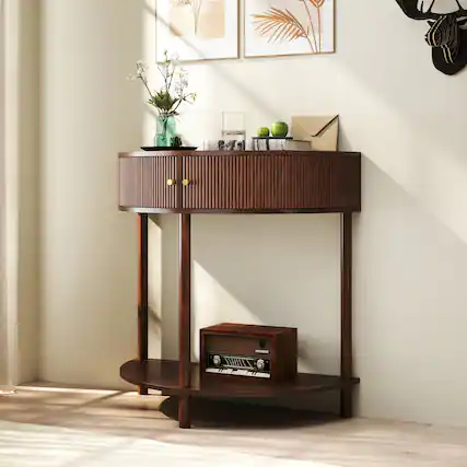 Front. Tiramisubest - Artisan-Crafted Demi-Lune Console Table with Brown Woodgrain,Unique Half Moon Design End Table with 2 Drawers and Shelf - Brown.