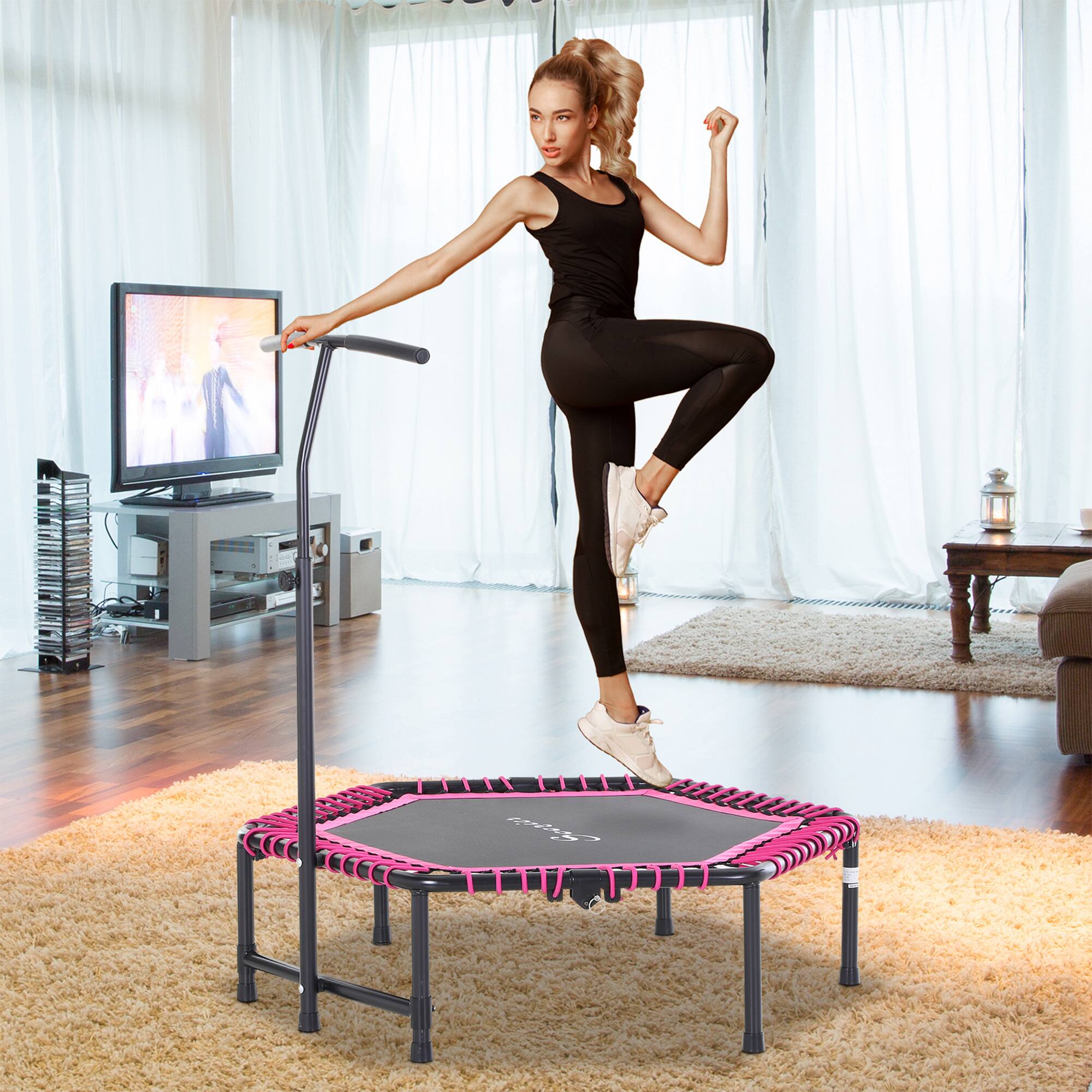 Alt View 1. Soozier - 48" Adult Hexagon Rebounder Trampoline Fitness Bungee Jumping Cardio Trainer Outdoor Bouncer Jumper Adjustable Bar - Pink and Black.